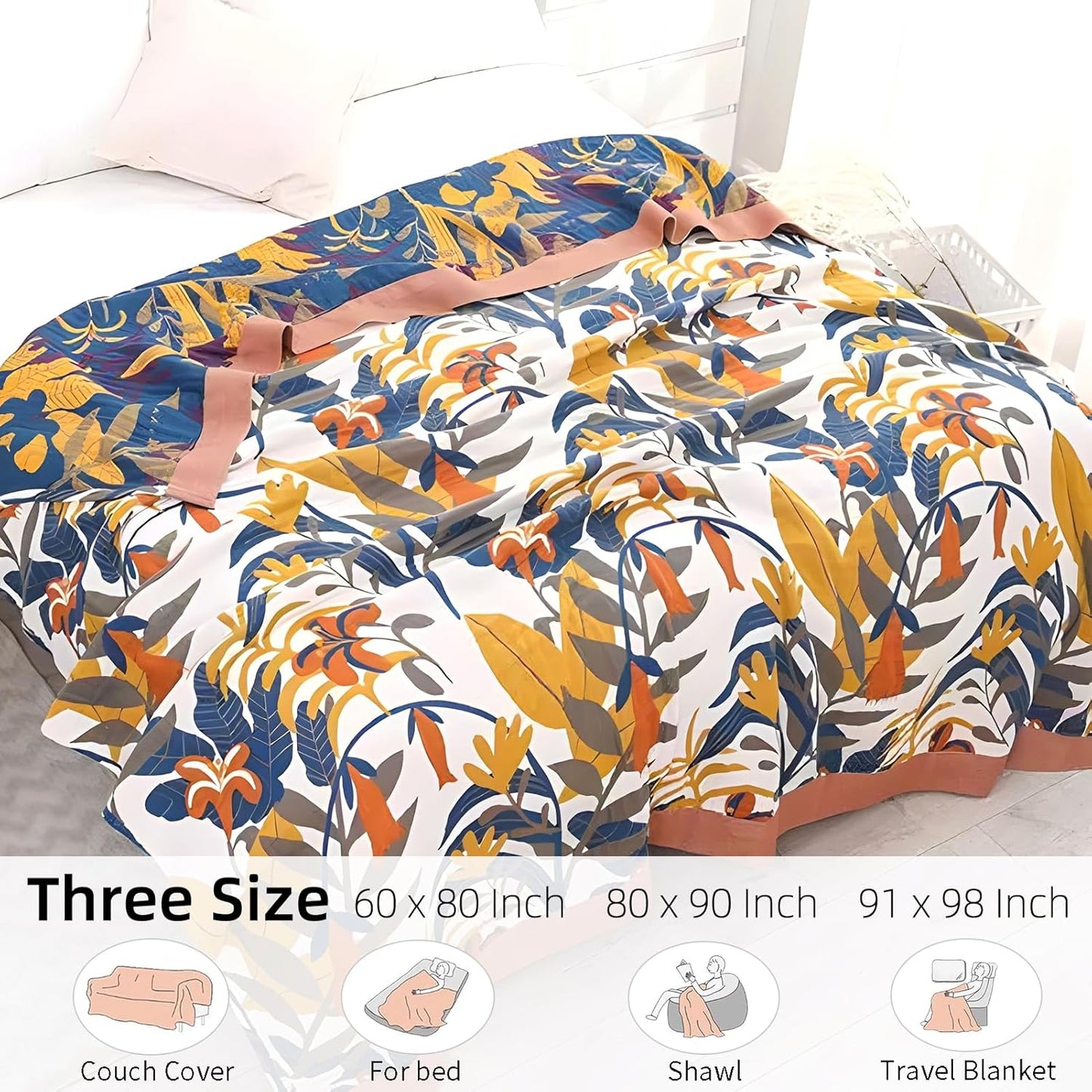 Boho Throw Blanket for Bed - 100% Pure Cotton Ultra Soft Rustic Quilt - Farmhouse Decor Bed Blankets, All Season Rustic Throw for Sofa Couch Chair(91''x 98'', Floral Sea)