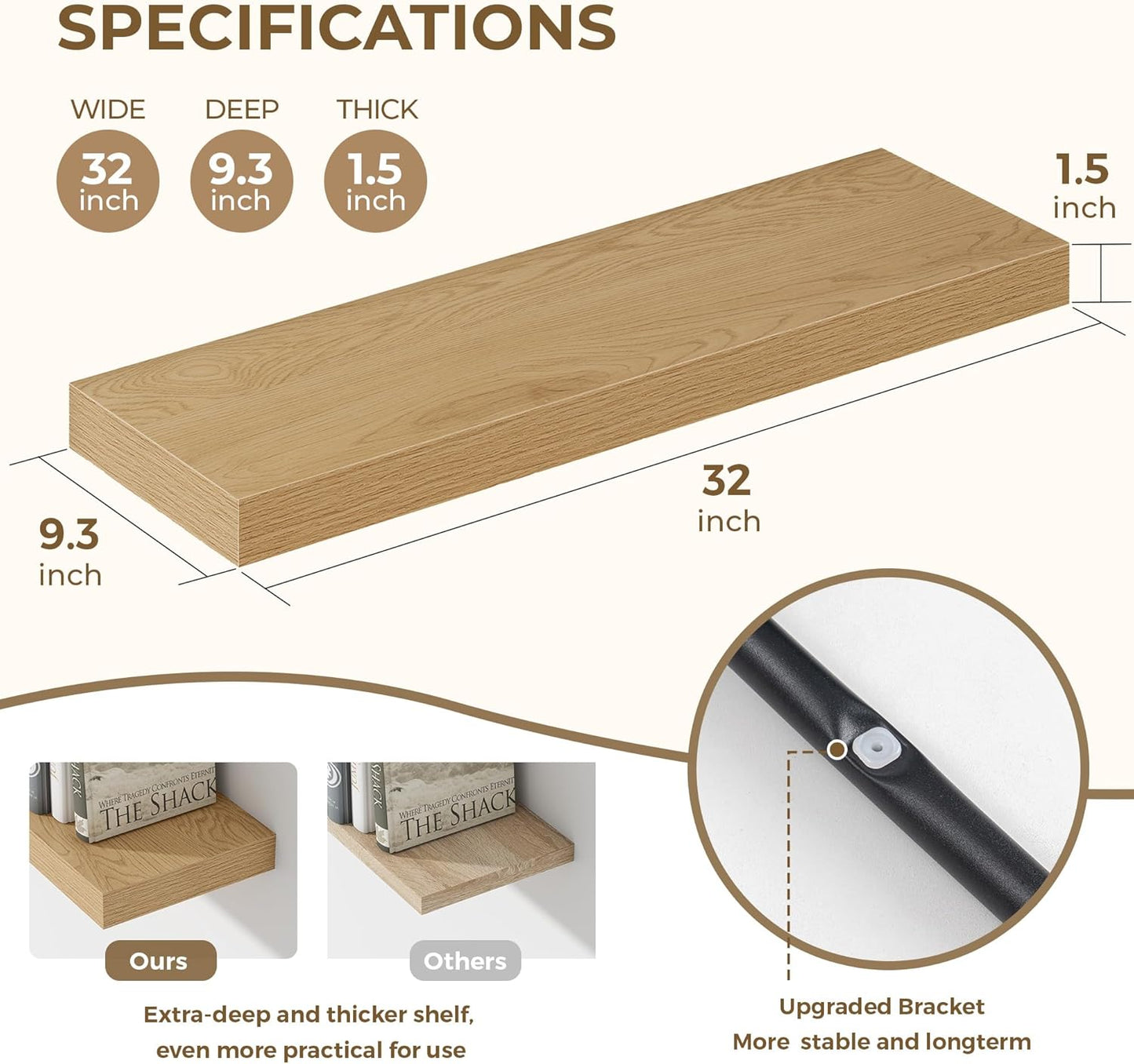 Dreamland 32 Inches Floating Shelves for Wall, 9.3" Deep Long Floating Shelves Set of 2, Large Display & Storage Shelf, Wall Shelf for Bathroom Bedroom Living Room Kitchen Office, Oak