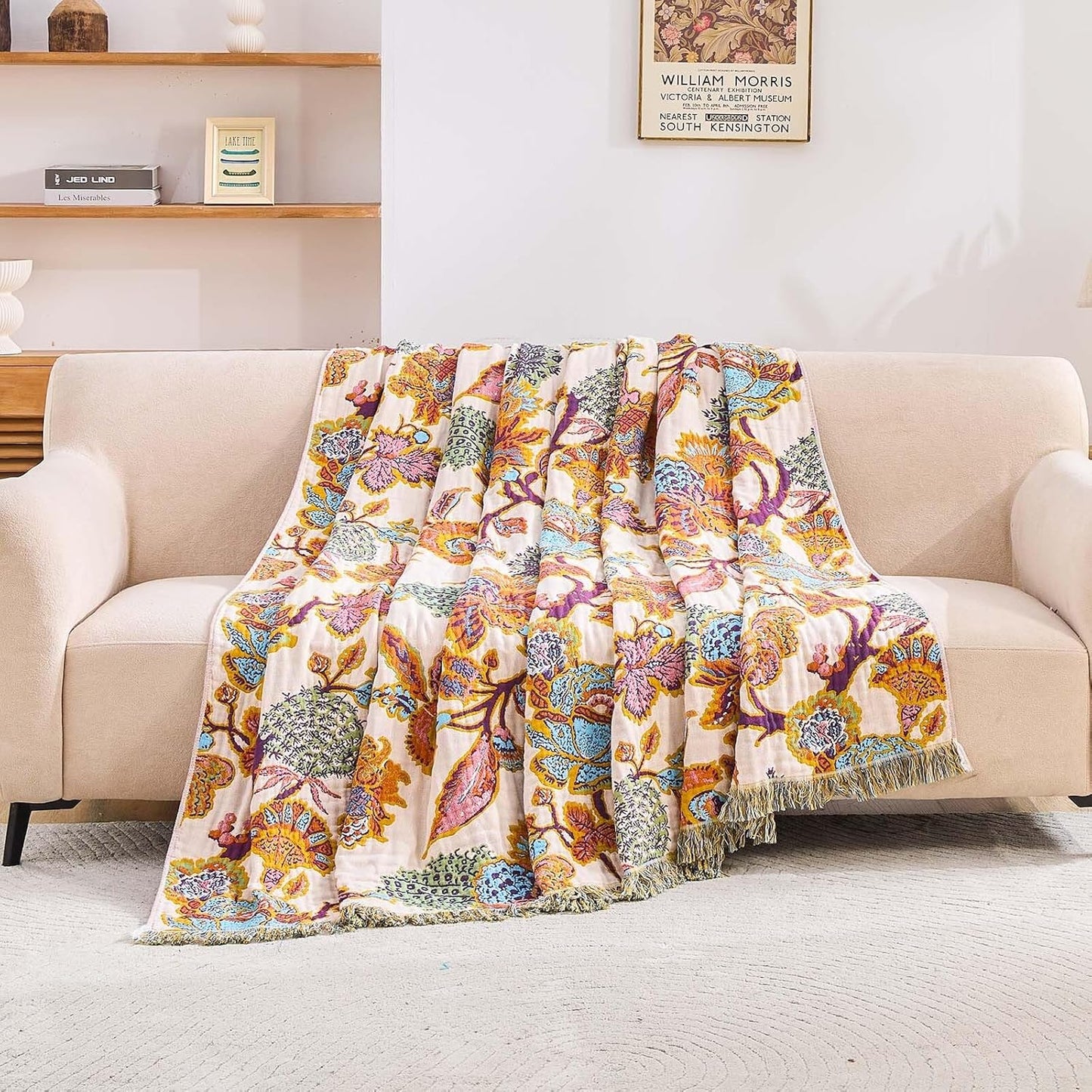 Boho Throw Blanket for Bed, 100% Cotton Soft Rustic Quilt Fall Blanket, 80"x90" Floral Printed Farmhouse Decor Bed Blankets, All Season Rustic Reversible Bohemian Throw Quilt