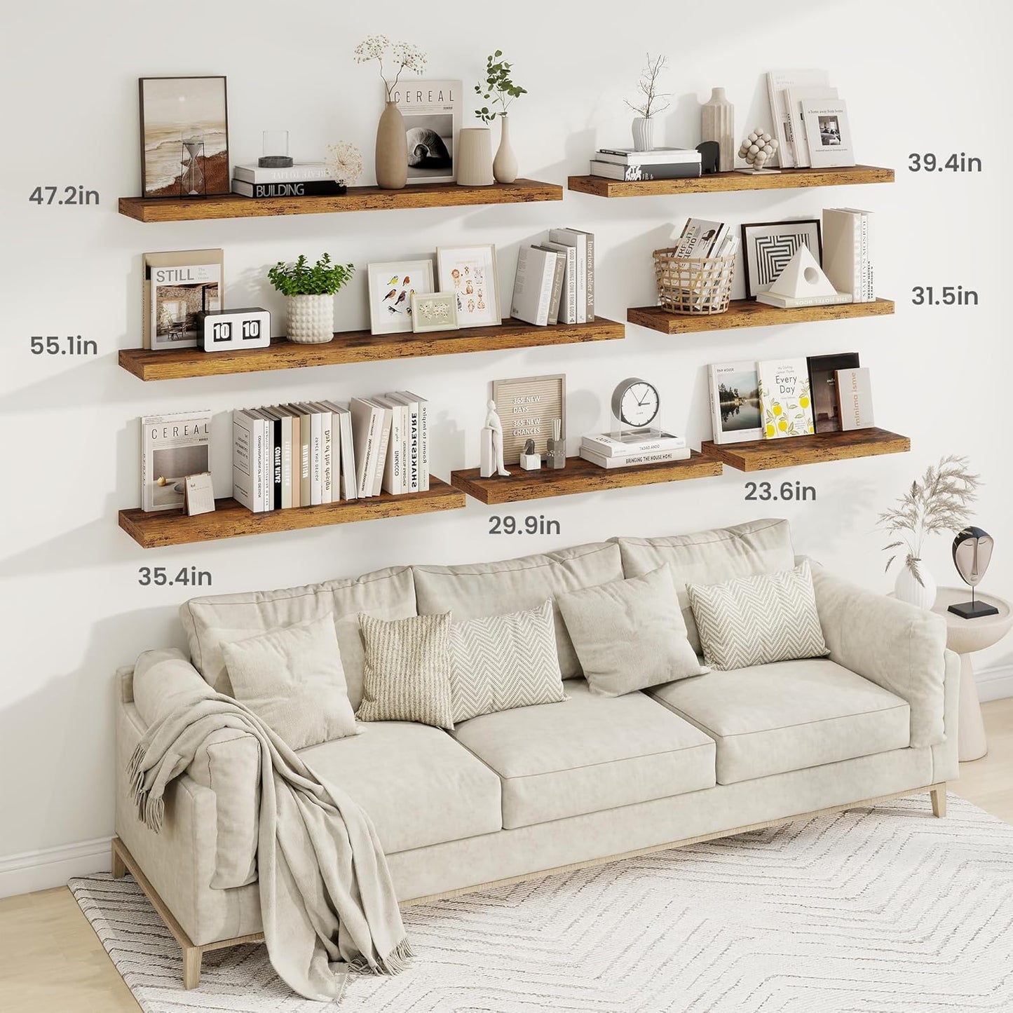 Fun Memories 55 Inch Fireplace Mantel Shelf -Long Floating Shelves, Deep Wall Mounted Farmhouse Display Shelves with Invisible Heavy Duty Metal Bracket, Brown, 2 Pack