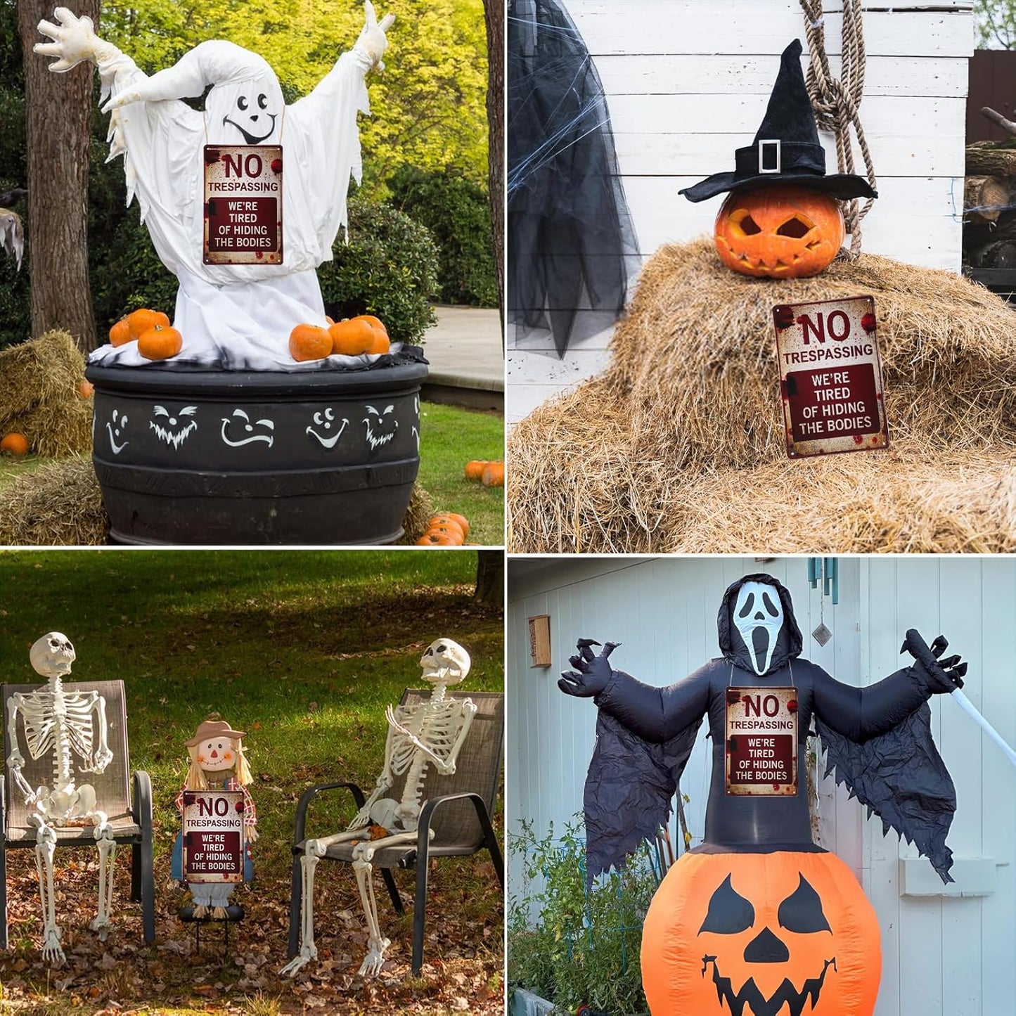 Halloween Decorations Metal Tin Sign for Outdoor Yard, Garage Wall, Rustic Vintage No Trespassing We're Tired of Hiding The Bodies, 7.8x11.8in