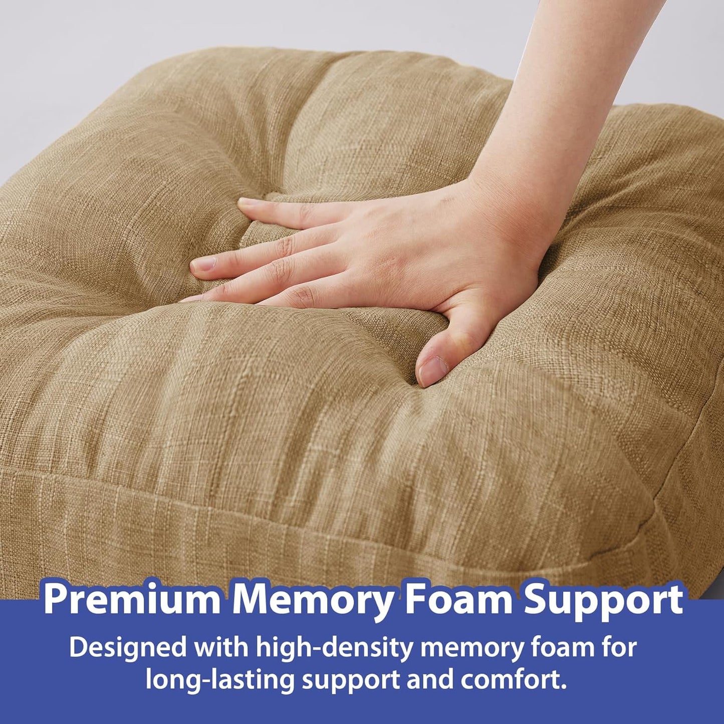 Chair Cushions for Dining Chairs, Dining Chair Cushions, Tufted Indoor Chair Pads with Ties & Non Slip Backing, Seat Cushions for Kitchen Chairs 16.5” x 16.5” x 3.5”, Set of 6, Khaki