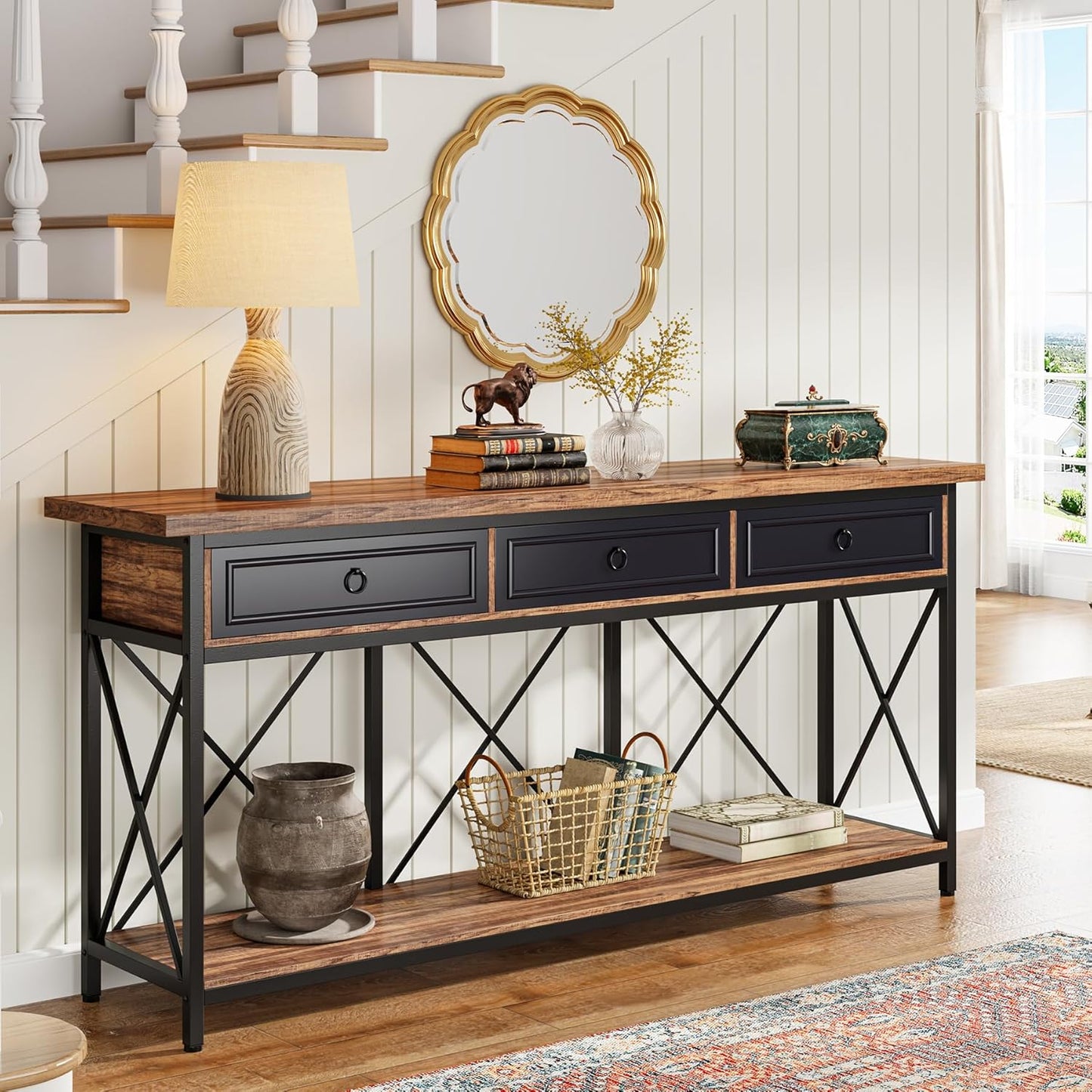Tribesigns 70.8" Console Table with 3 Drawers, Farmhouse Entryway Table with Storage Shelf, Narrow Long Sofa Foyer Table for Entryway, Hallway (Brown/Black)