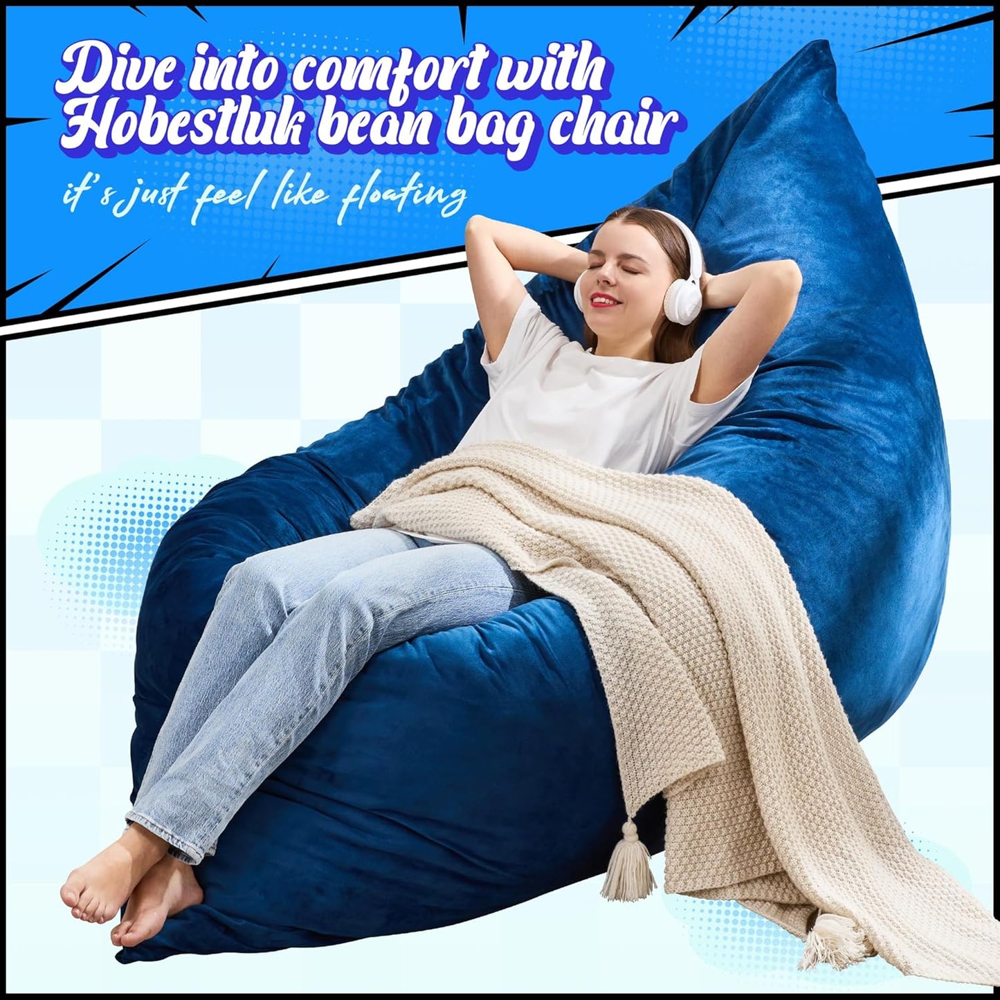 Hobestluk 3 in 1 Bean Bag Chair Giant Bean Bag Chairs for Adults with Velvet Cover Convertible Bean Bag Floor Cushion with Machine Washable Cover for Living Room (Velvet Blue)