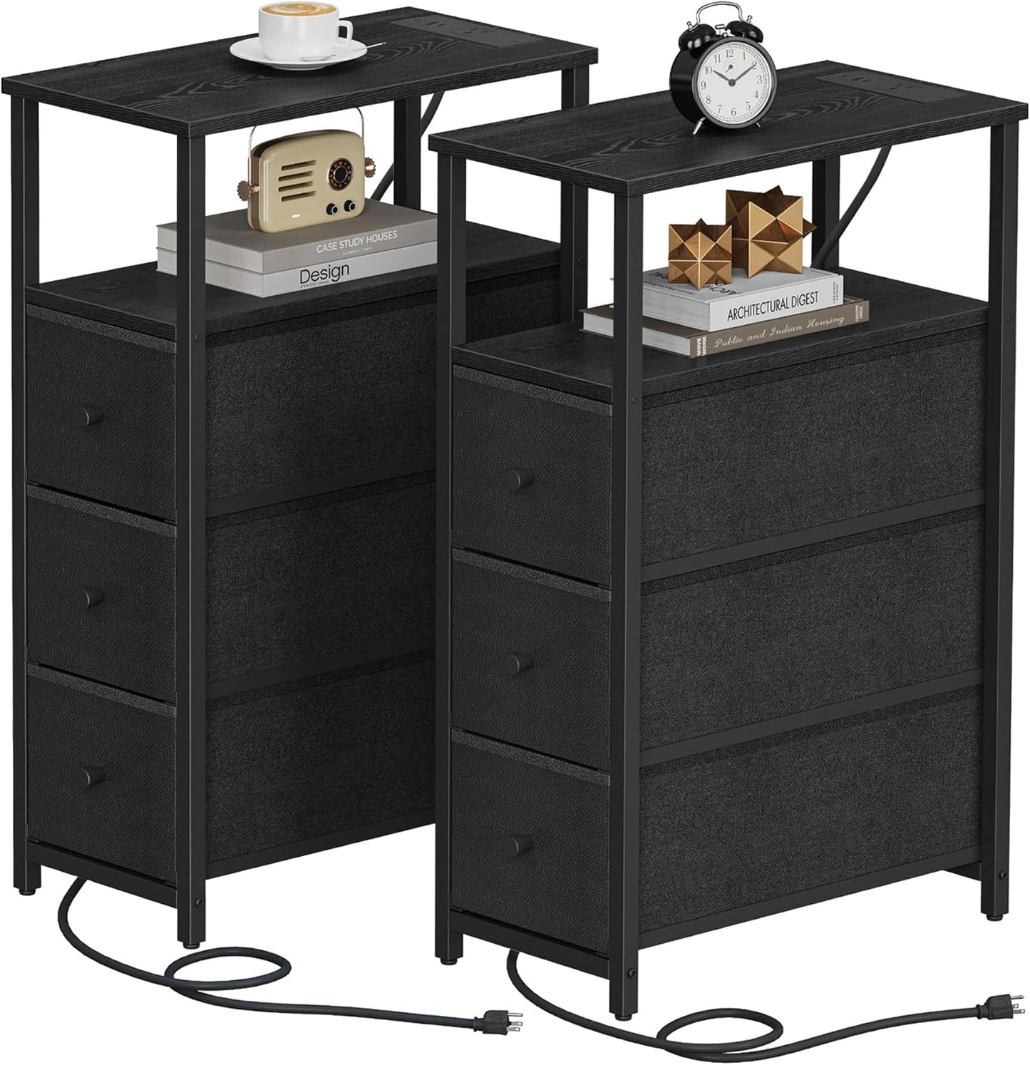 TUTOTAK Narrow Night Stand with Charging Station, Slim End Table with Plugins, Tall Side Table with 3 Fabric Drawer, Small Bedside Table with Storage, Set of 2, Living Room, Bedroom, Black TB01BK073