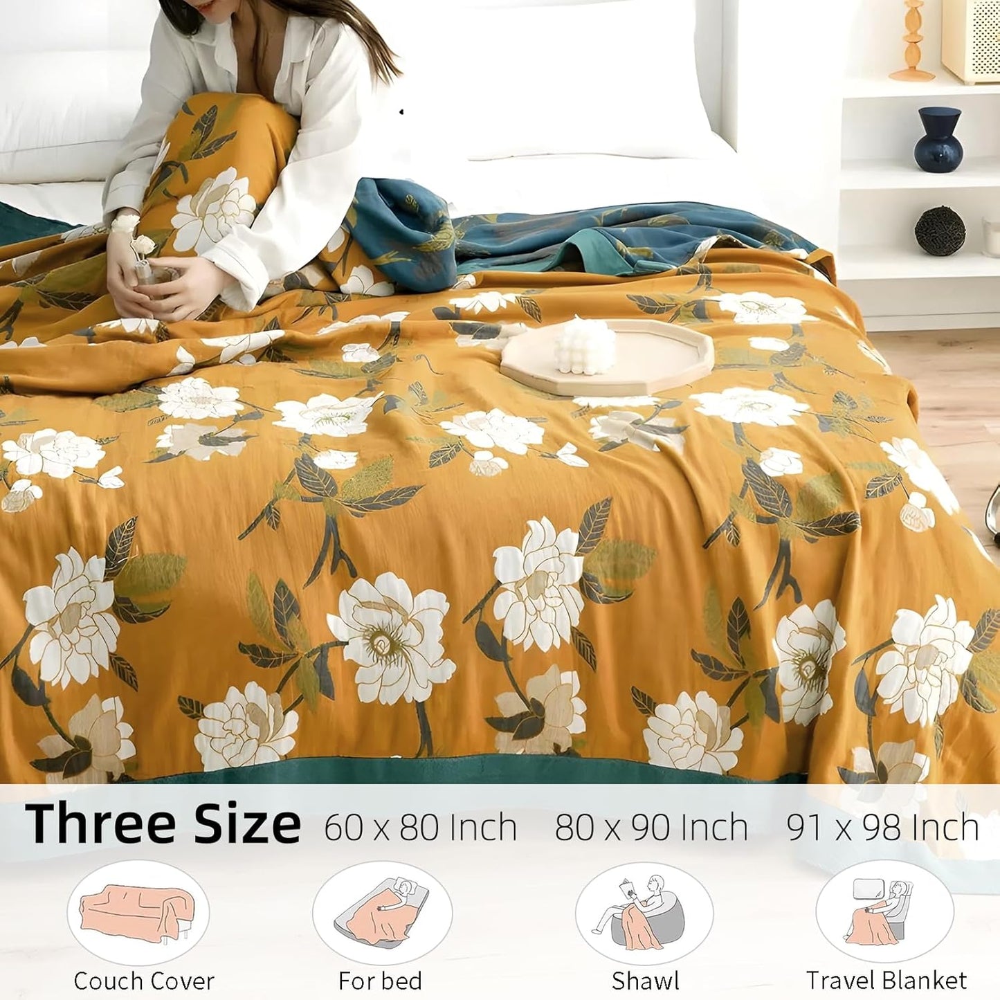 Boho Throw Blanket for Bed - 100% Pure Cotton Ultra Soft Rustic Quilt - Farmhouse Decor Bed Blankets, All Season Rustic Throw for Sofa Couch Chair(80''x 90'', Flower Branch 2)