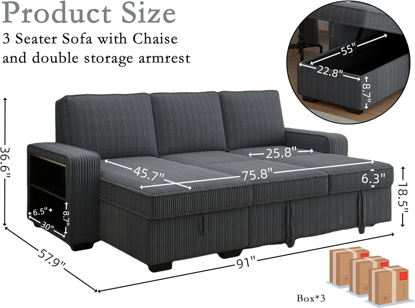 91-inch Reversible Sectional Sleeper