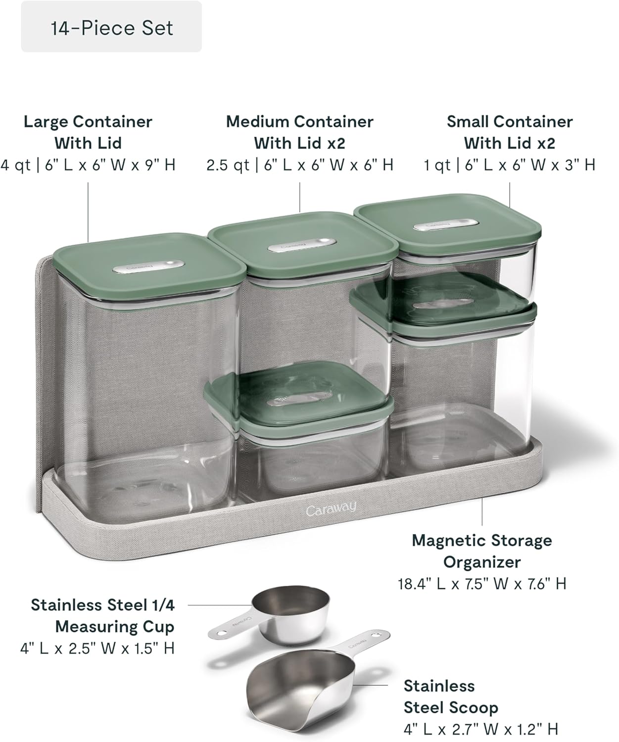 Caraway 14-Piece Glass Airtight Food Storage Containers with Lids – Non-Toxic, BPA-Free Kitchen Storage Containers – Stackable, Space-Saving Airtight Containers for Dry Goods and More - Sage