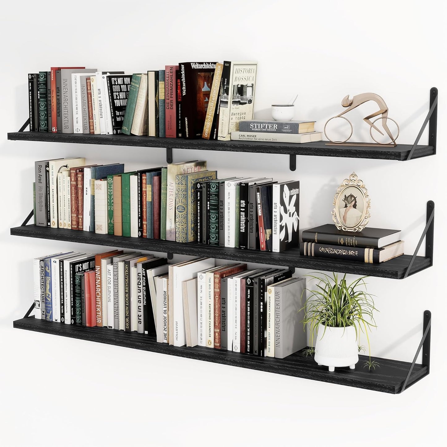 Heimlove 48 Inch Large Floating Bookshelves Set of 3,Black Wall Mounted Bookshelves,Heavy Duty Wooden Shelves for Living Room,Bedroom,Kitchen,Laundry Room Storage & Decor