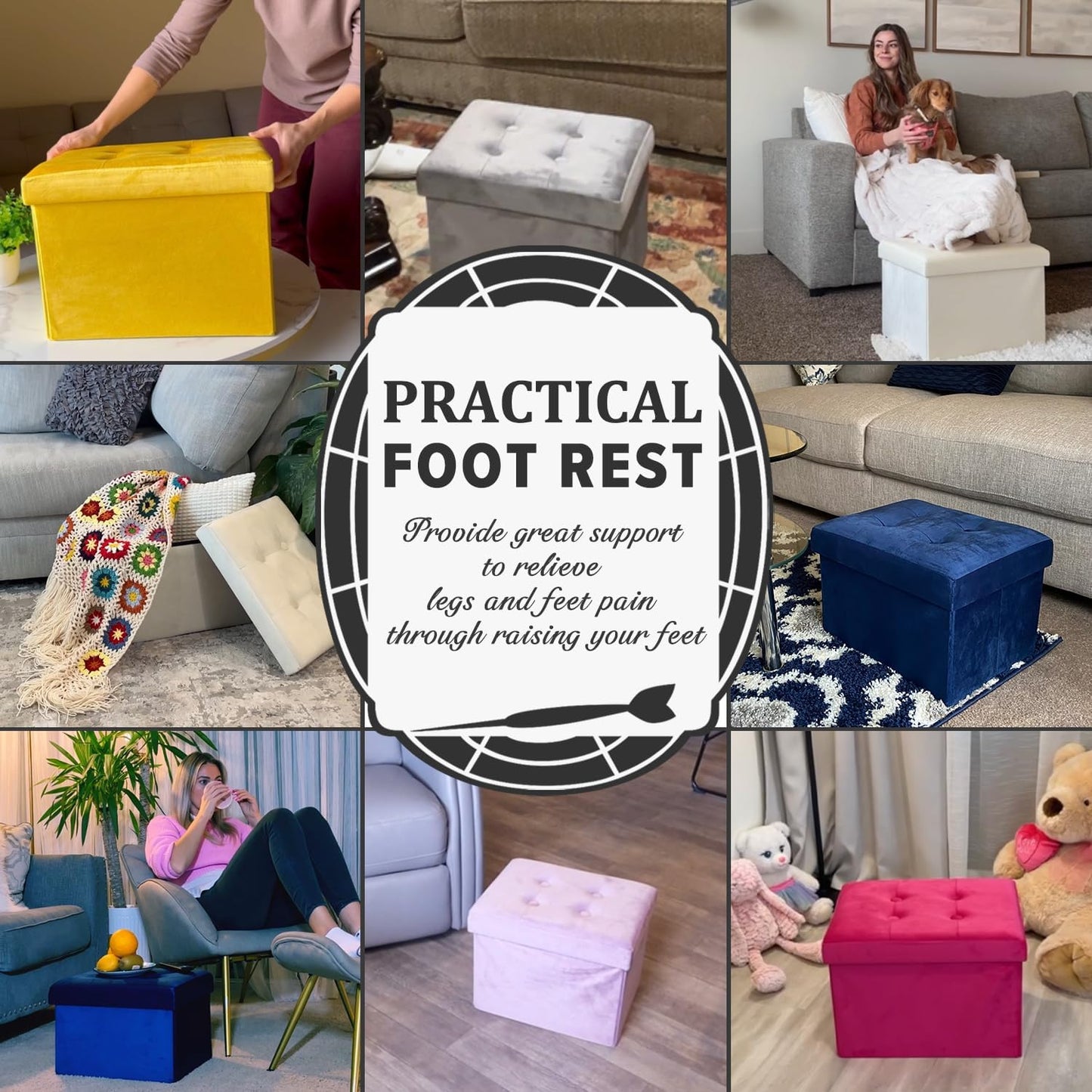 LINMAGCO Storage Ottoman Folding Foot Stool Velvet Foot Rest with Padded Modern Ottoman with Storage for Living Room Puppy Step Stool 17x13x13in(Blue)