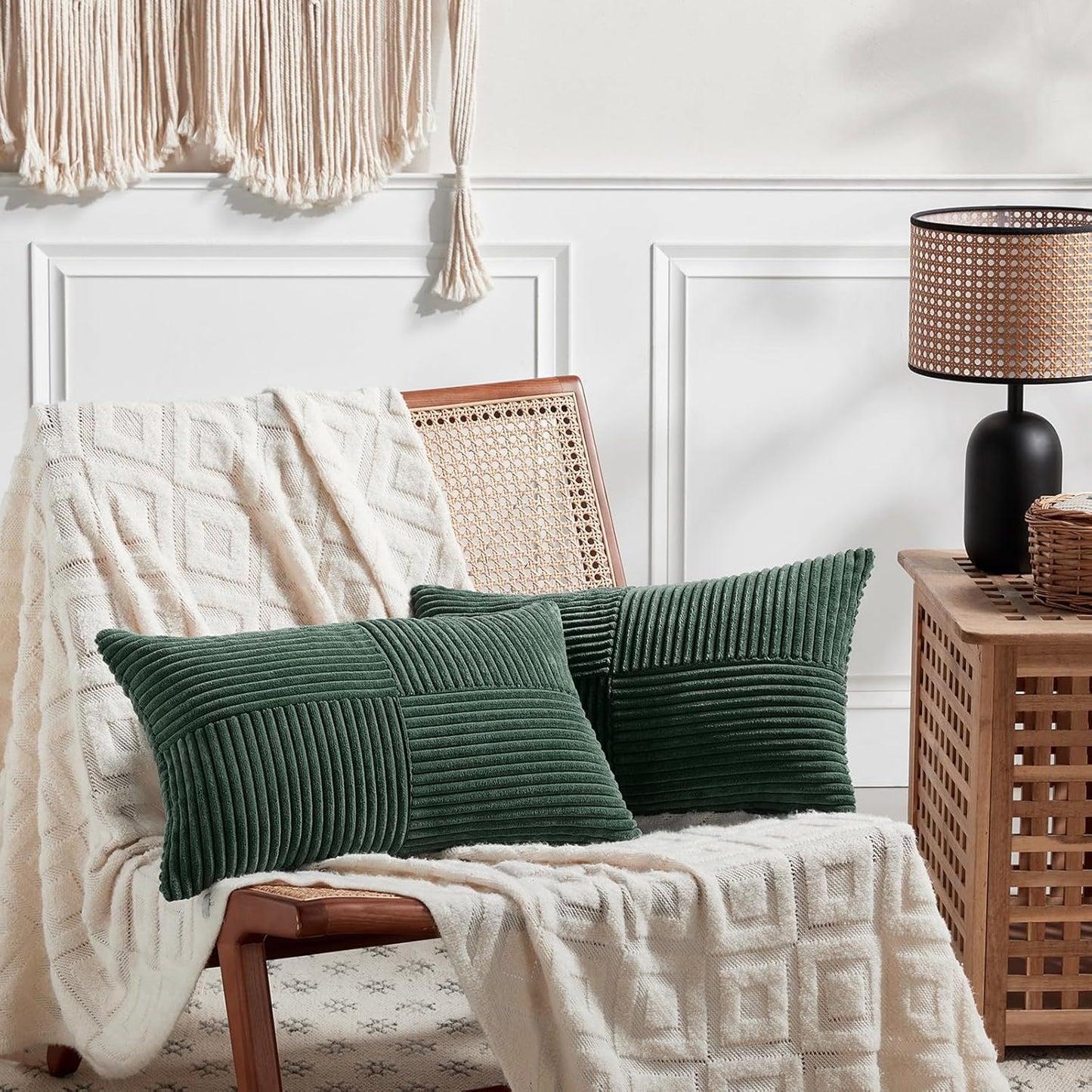 Fancy Homi Set of 2 Dark Green Long Lumbar Decorative Throw Pillow Covers 16x24 Inch for Living Room Couch Bed, Boho Farmhouse Forest Green Home Decor, Soft Corduroy Corss Textured Cushion Case