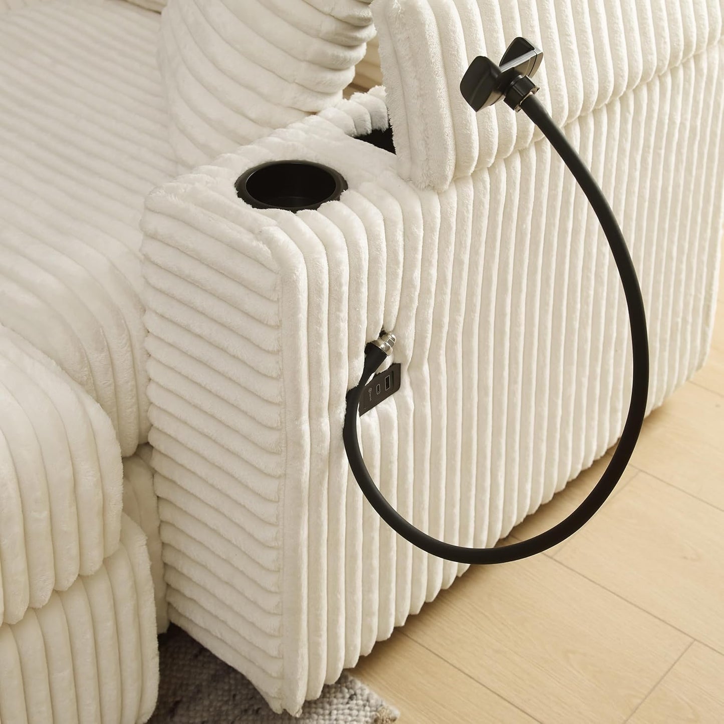 Modular Sectional Sofa Couch, Plush Corduroy Fabric Sectional Couches for Living Room with USB Charging Ports, Phone Holders, and Multi-Functional Storage Armrests (White, 4set+2ottoman)