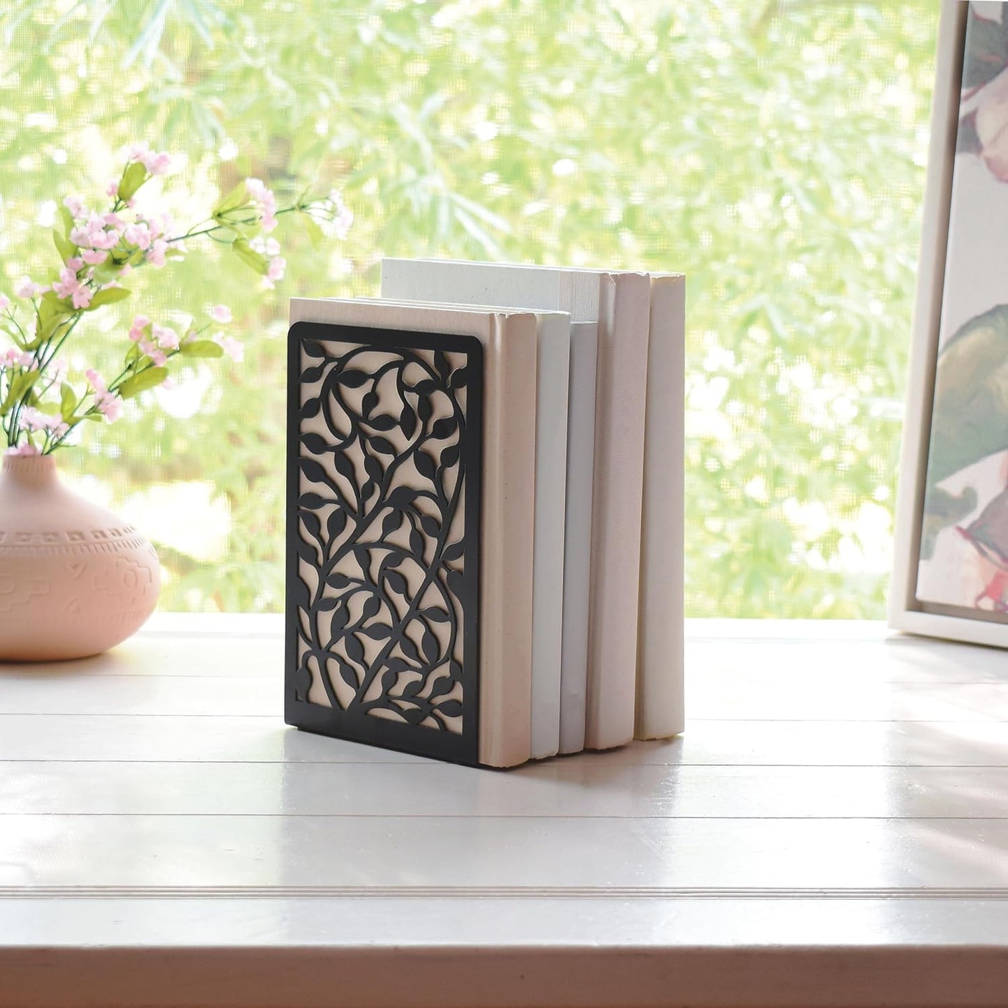 CNK Book Ends for Shelves - Metal Holders for Home Office Heavy Books, Shelf Stoppers, Decorative Set of 2 Black Infinite Leaves Bookends