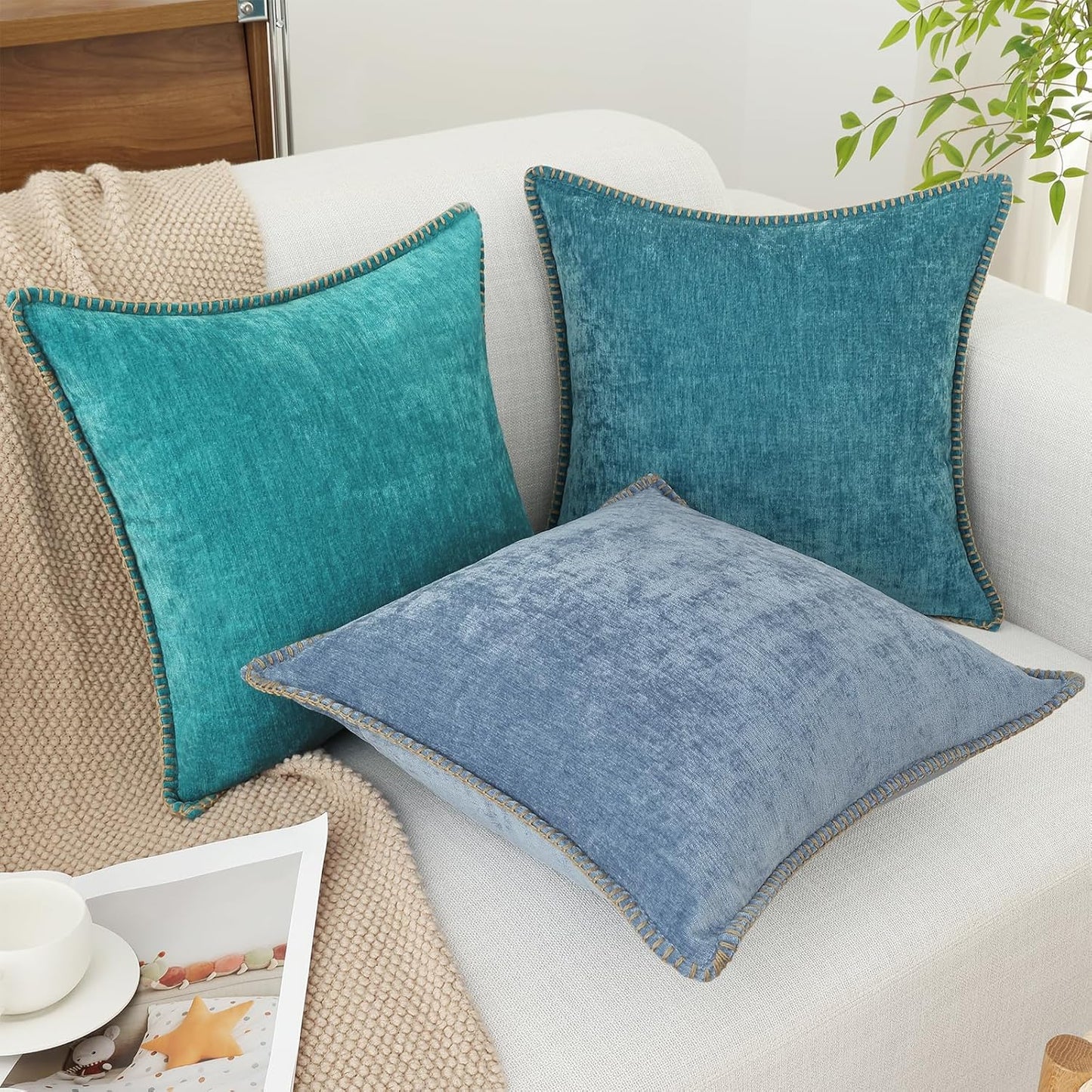 decorUhome Chenille Soft Throw Pillow Covers 22x22 Set of 2, Farmhouse Velvet Neutral Decorative Euro Pillow Covers with Stitched Edge for Couch Sofa Bed Home Decor, Turquoise