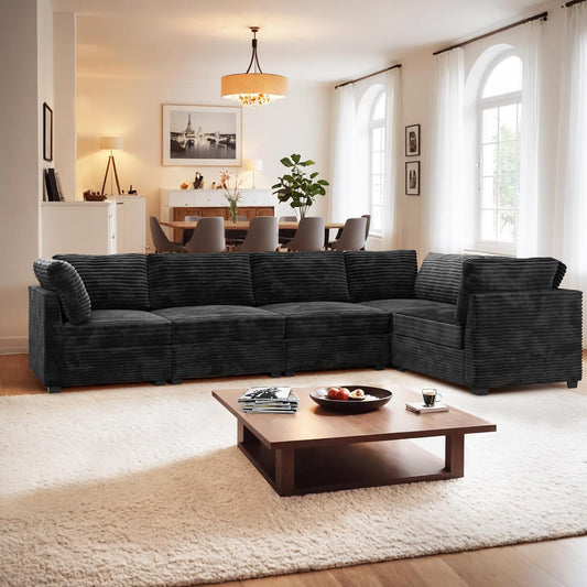 ovios Sectional Sofa Couch with L-Shape Chaise Convertible, Comfy Modular Cloud Couches with Deep Seat, Modern Upholstered Plush Corduroy Sofas Set for Living Room, 5-Seater, Black