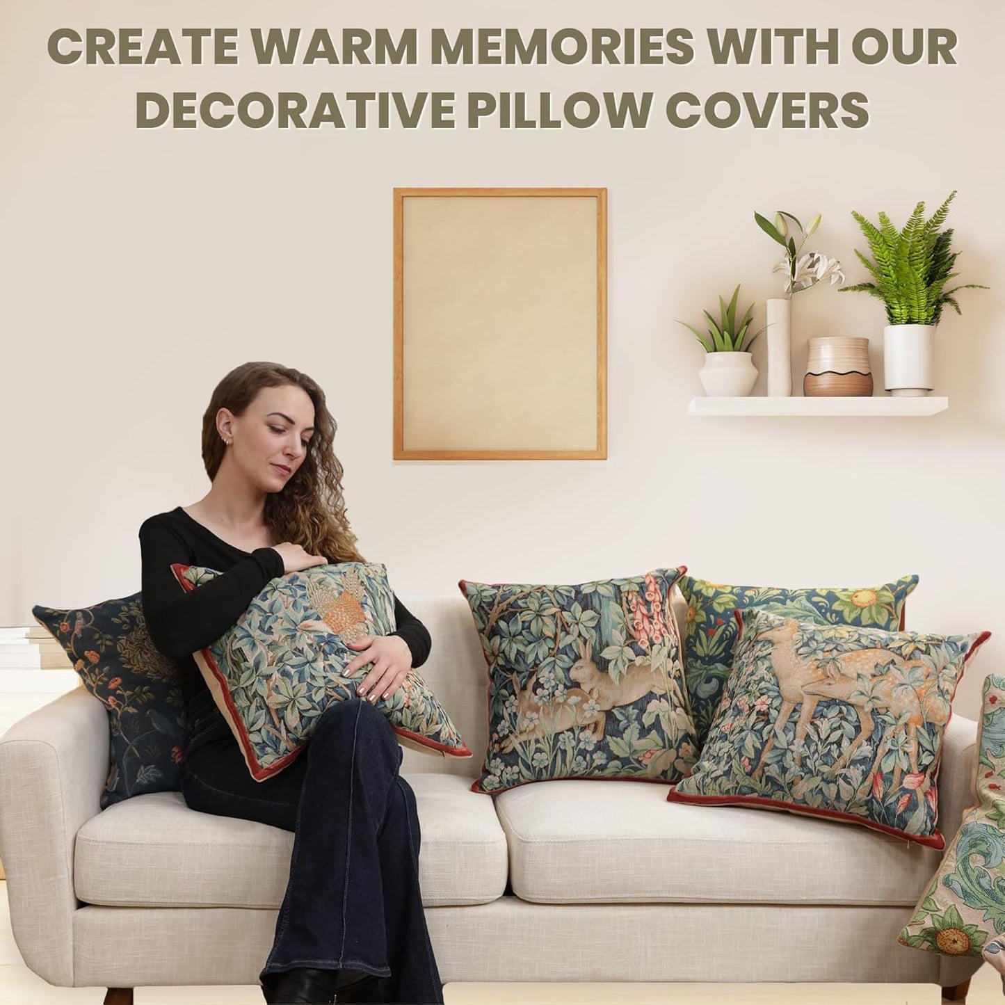 Charlotte Home Furnishings Decorative Tapestry Pillow Cover 19x19 in, Green Hares Couch Throw Pillow Cover, French Country Square Cushion Cases for Living Room Home Decor, Soft Cotton Jacquard Woven