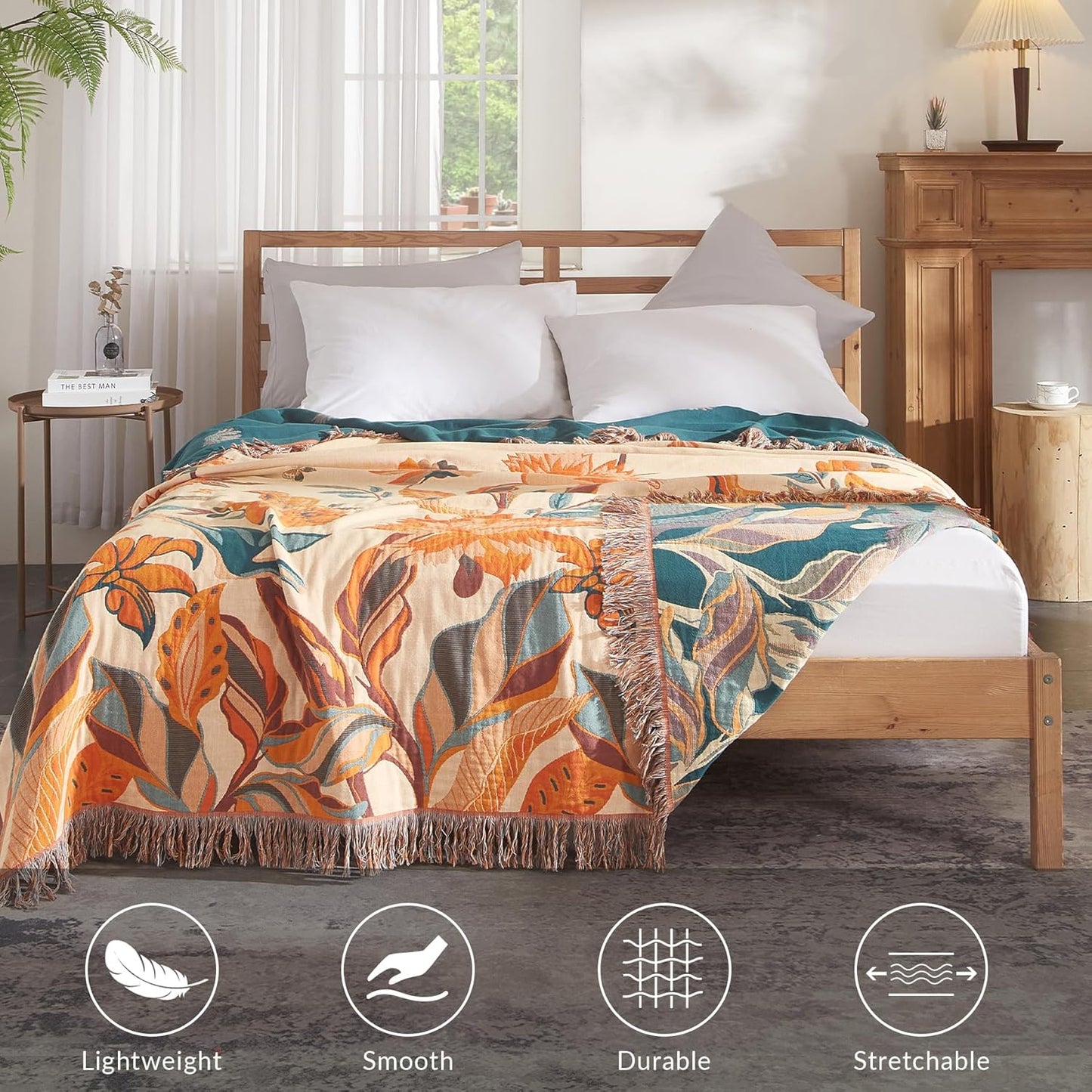 Boho Throw Blanket for Couch Sofa Bed, 100% Cotton Woven Quilt with Tassel 90”x98”, Super Soft Muslin Blanket with Floral Printed, Decorative Reversible Bed Blanket/Cover for All Seasons