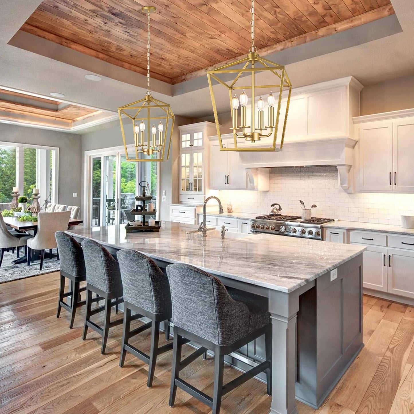 Farmhouse Chandelier 4-Light, Gold Pendant Light Fixture for Kitchen Island Dining Room, Lantern Industrial Lighting Ceiling Hanging with Metal Cage Adjustable Height for Entryway Foyer