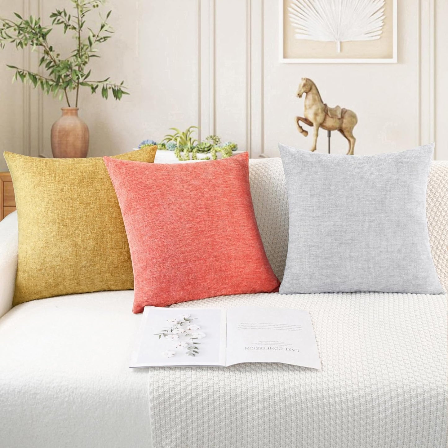 CaliTime Throw Pillow Covers Decorative 16 X 26 Inches Pack of 2 Cozy Chenille Cushion Cases for Couch Sofa Bed Living Room Home Living Coral