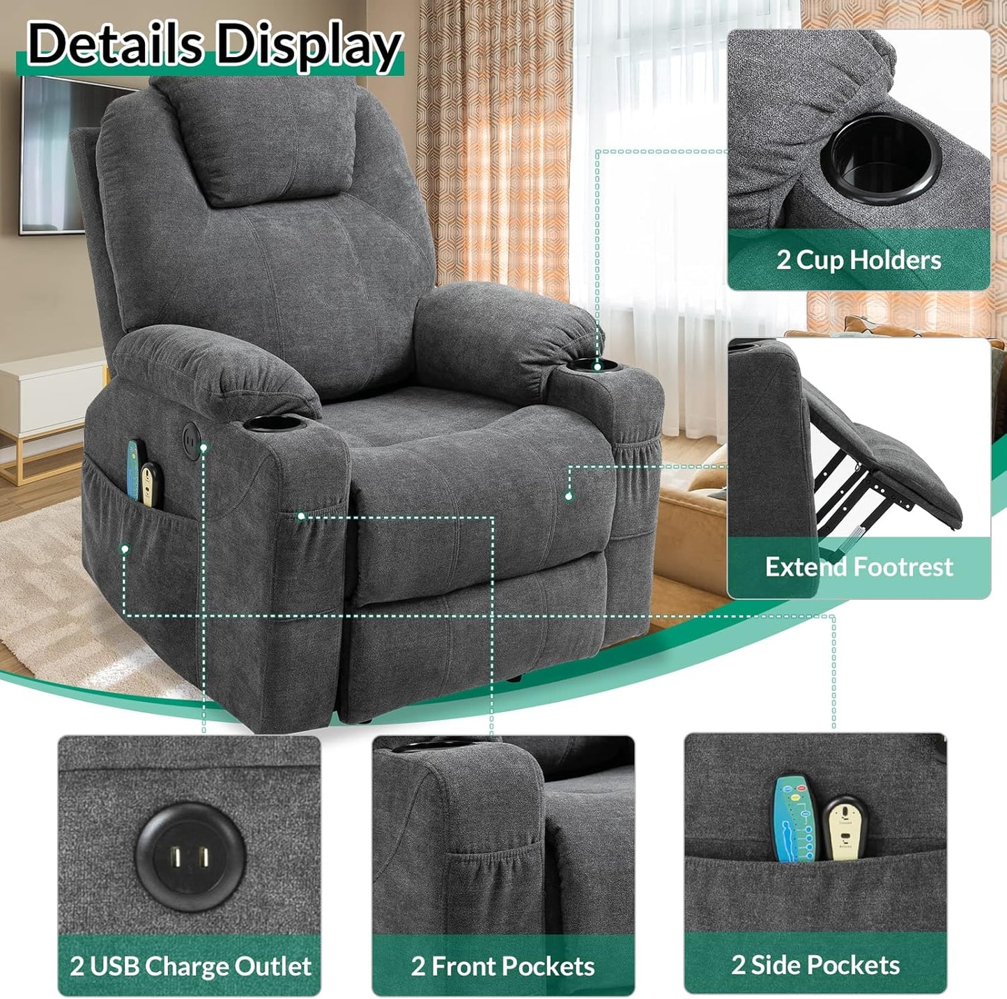 VIVIJASON Power Lift Chair Electric Recliner for Elderly Heated Vibration Massage Fabric Recliner Chair with 2 Remote Controls, Cup Holders, Side Pockets & USB Ports for Living Room (Grey)