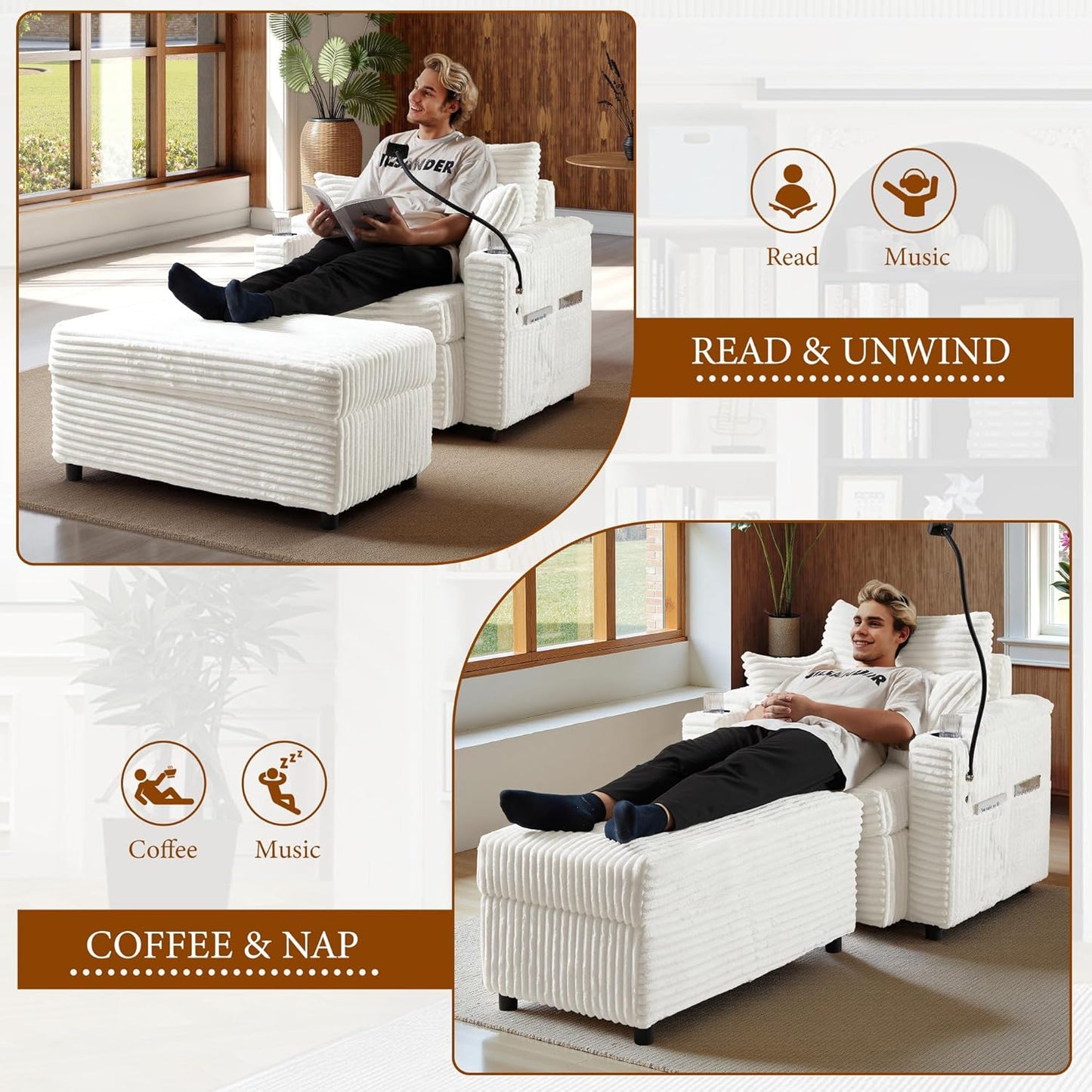 Accent Chair with Storage Ottoman Upholstered Living Room Chairs for Reading Chair with Chaise Lounge Chairs Indoor, Comfortable Armchair for Bedroom