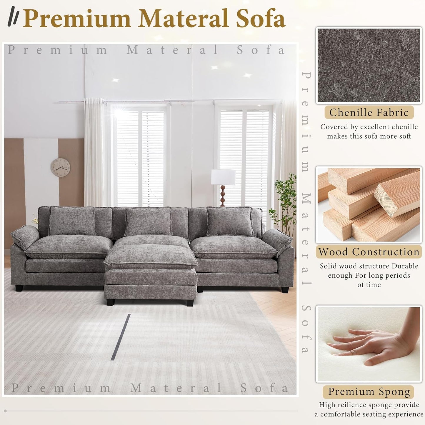 URRED Modular Sectional Sofa Comfy Cloud Couch, Modern Chenille Sofa Sleeper Deep Seat Couches with Ottoman/Pillows for Living Room (Gray, 117''- L Shape)