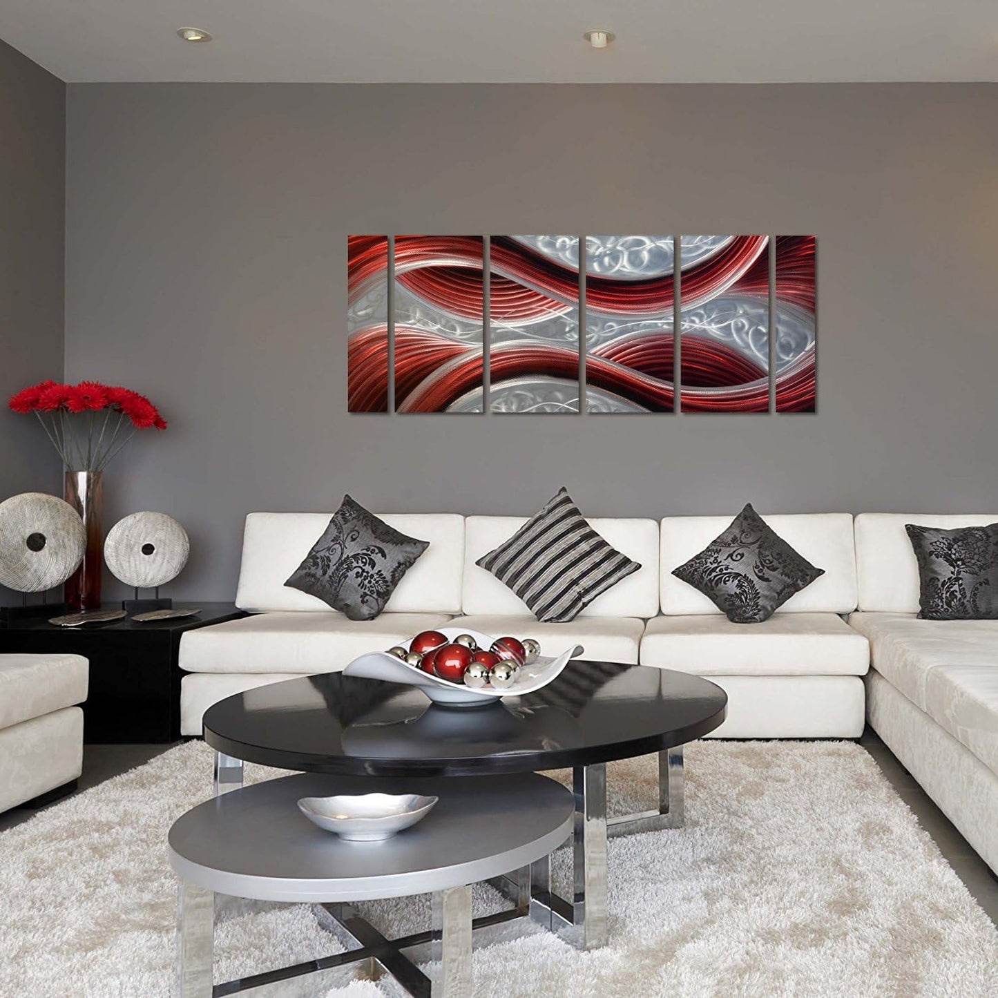 Handmade Abstract Metal Wall Art with Soft Color, Large Scale Decor in Dark Red Line Design Metal Art, 3D Artwork for Indoor Outdoor Wall Decorations, Decorative hanging in 6-Panels Measures 24"x 65"