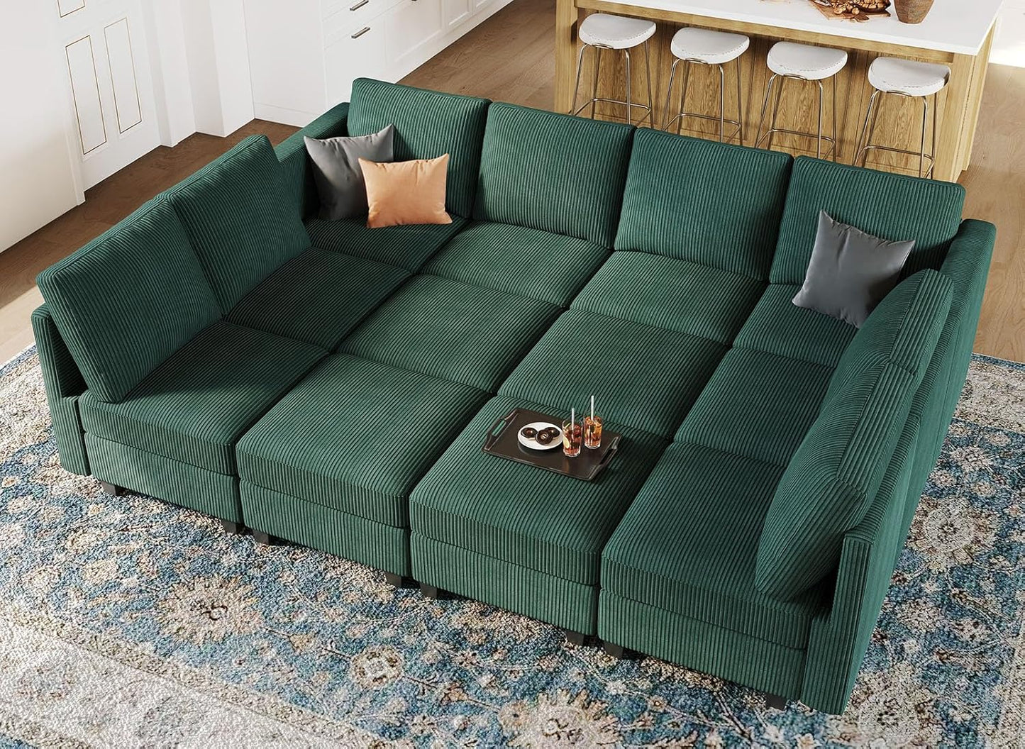 Belffin Oversized 12 Seat Modular Sectional Sleeper Sofa Convertible Sleeper Sectional Sofa with Storage Seat Large Corduroy Modular Couch for Living Room Green