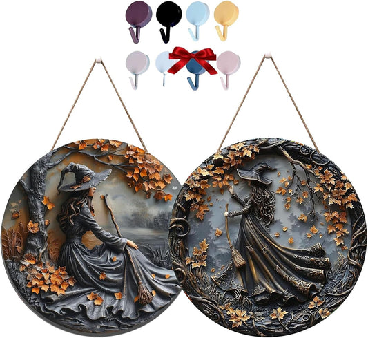 Fanyil/Olygee/Sherum/Shirem/Pubyfun/Glosrity/Libilin/Graddi/Solymody/Gowebs/Goredny/Vianys Witching Hour, Door Way Hanging Decor Halloween, 2D Wooden Round Witches Sign (B+C, ‎7.87")