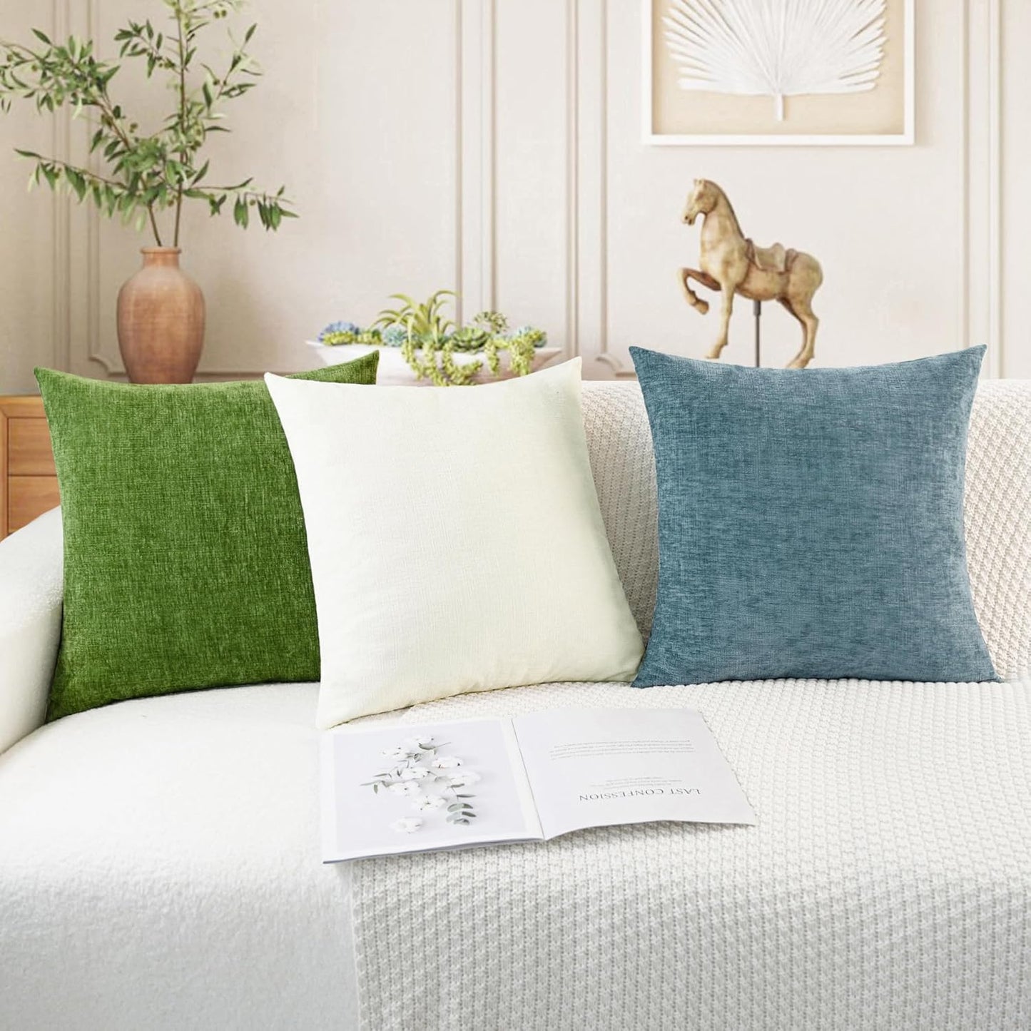 CaliTime Throw Pillow Covers Decorative 16 X 16 Inches Pack of 2 Cozy Chenille Cushion Cases for Couch Sofa Bed Living Room Home Smoke Blue