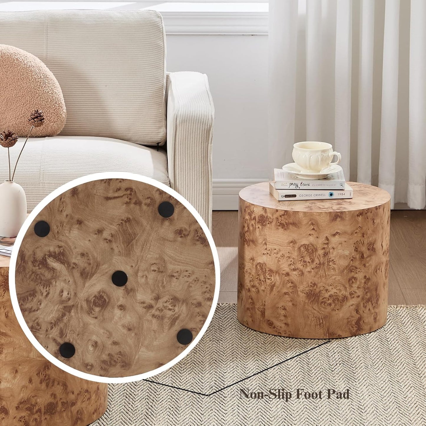 Round Coffee Tables Side Table Set of 2, Wood Nesting End Table for Living Room Balcony Office, Walnut Wooden Color, Natural Burl Color, No Assembling