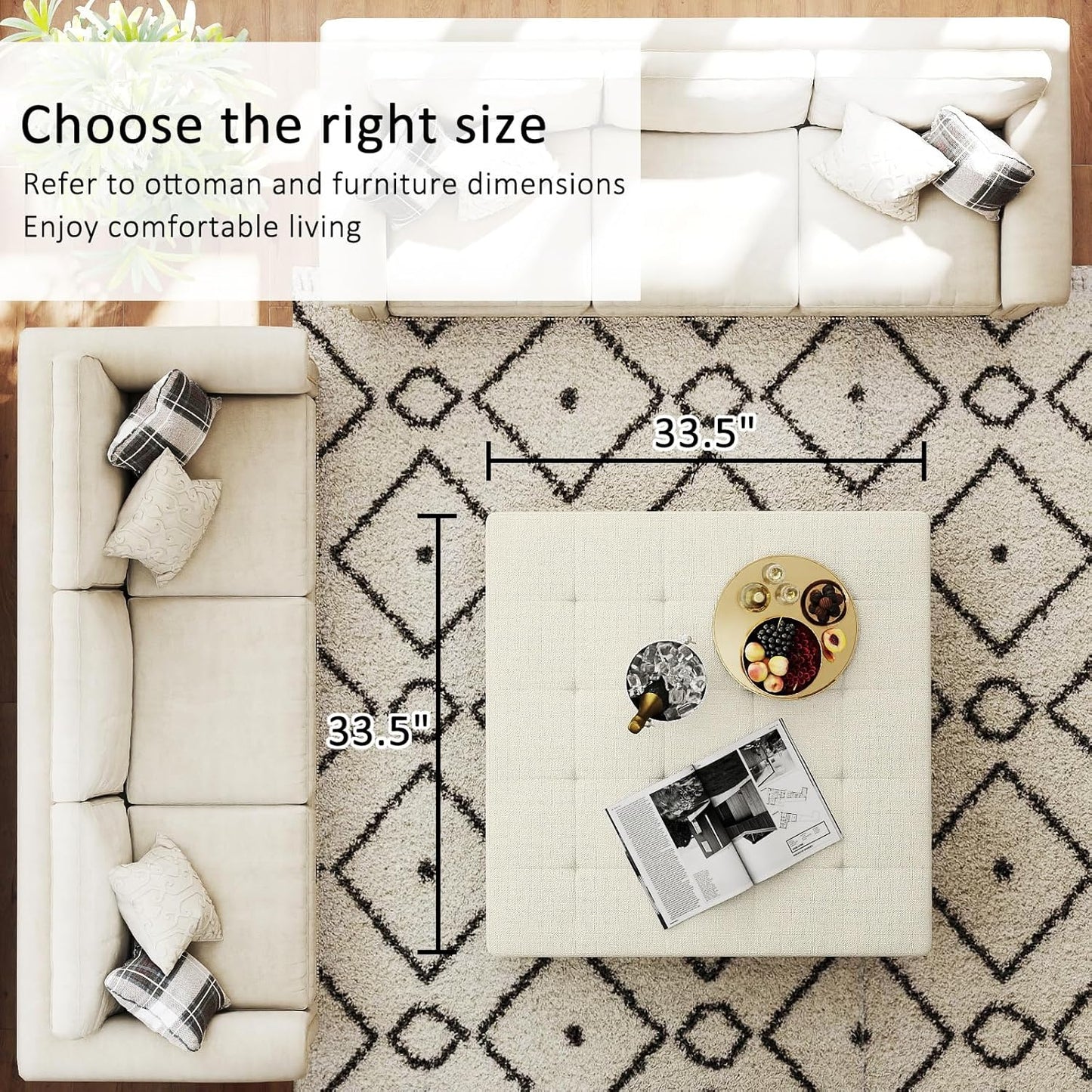 Large Square Ottoman Coffee Table, Linen Solid Upholstered Footrest Ottoman with Solid Wood Shelf Storage Tufted Coffee Table for Bedroom Living Room, Ivory