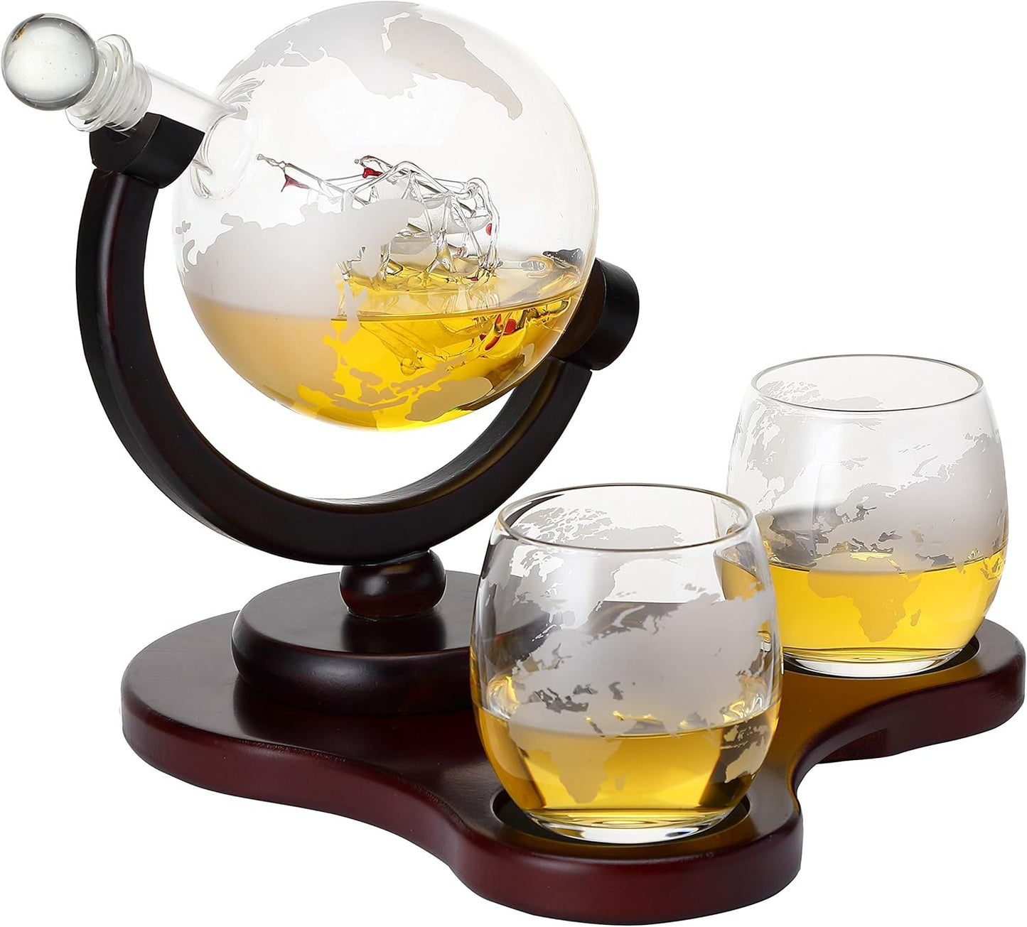 Whiskey Globe Decanter Set with 2 Glasses in Gift Box - Whiskey decanter for Liquor, Whiskey, Brandy, Gin, Rum, Tequila, Vodka, and Brandy - Home Bar Accessories for Men and Women