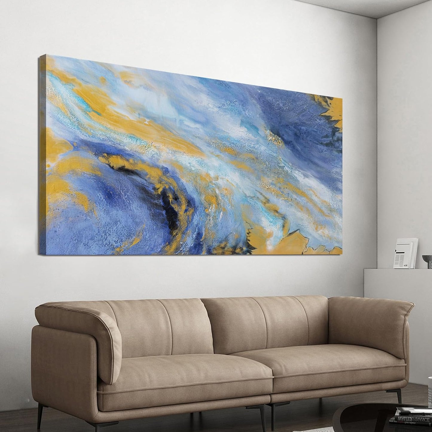 Canvas Wall Art Decor Large Blue Gold Wall Art Prints Modern Abstract Wall Art for Living Room Art Work for Wall Decor Azure - Gold Fluid Symphony Artwork for Walls Home Office Decor 24" X 48"