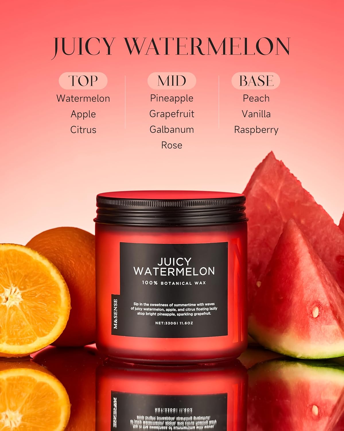 M&SENSE Juicy Watermelon Scented Candle - 11.6oz Clean Non Toxic Natural Soy Wax 70-Hour Burn Long Lasting Candle, 2-Wick Fruit Scent for Home Decor & Housewarming Gifts - Fragrance for Women & Men