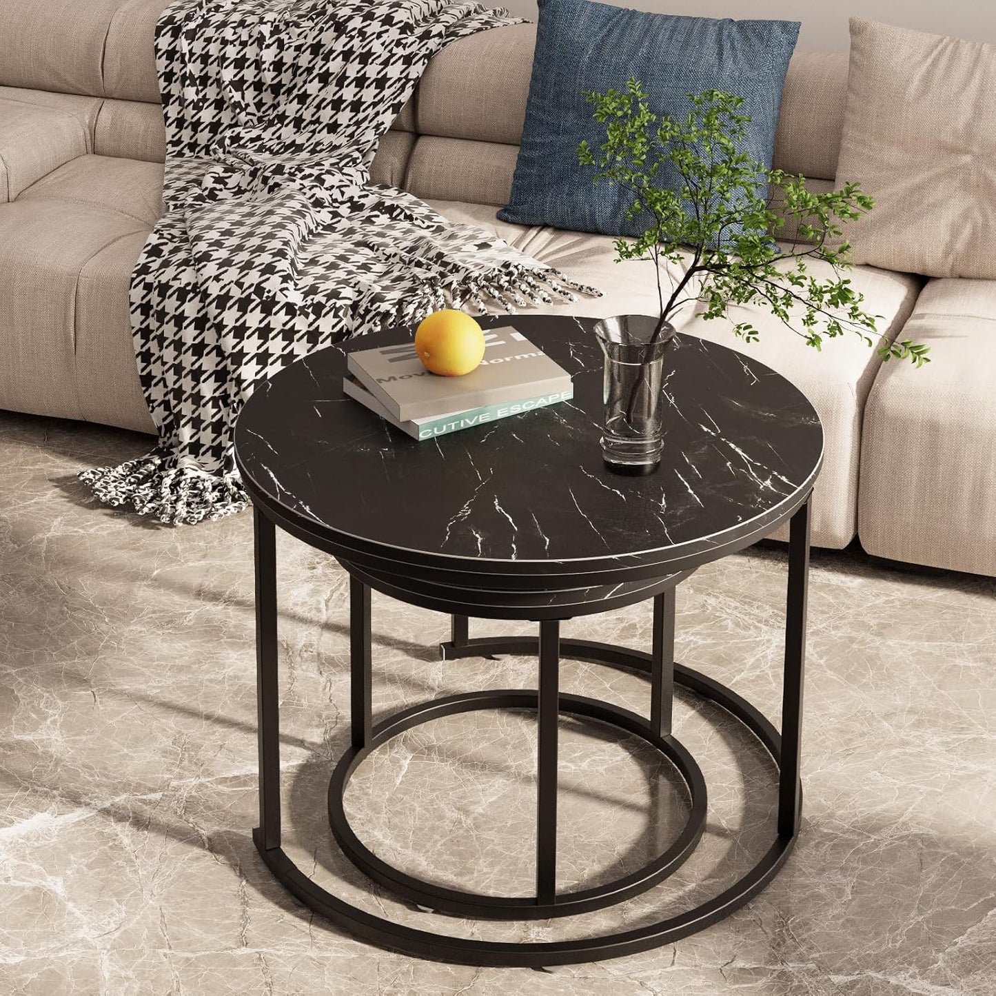 aboxoo Round Nesting Coffee Table Side Set of 2 End Tables for Living Room Bedroom Balcony,Black Faux Marble Wooden Table 23.6IN Accent Large Coffee Table with Steel Frame