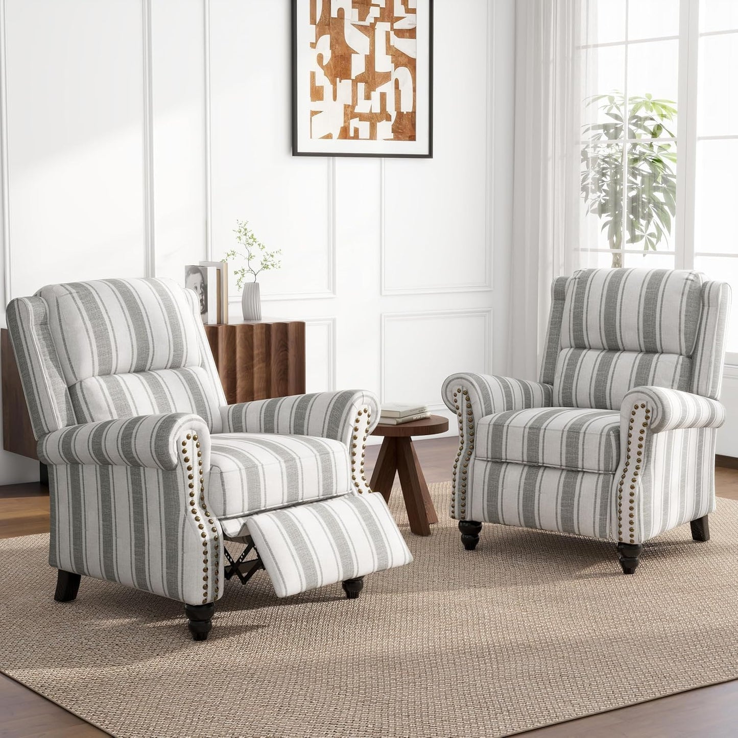 UIXE Pushback Recliner Chairs Set of 2, Fabric Armchair Push Back Accent Chair for Living Room, Rivet Trim Club Chair Overstuffed Home Theater Bedroom Reading Seat - Stripe Gray