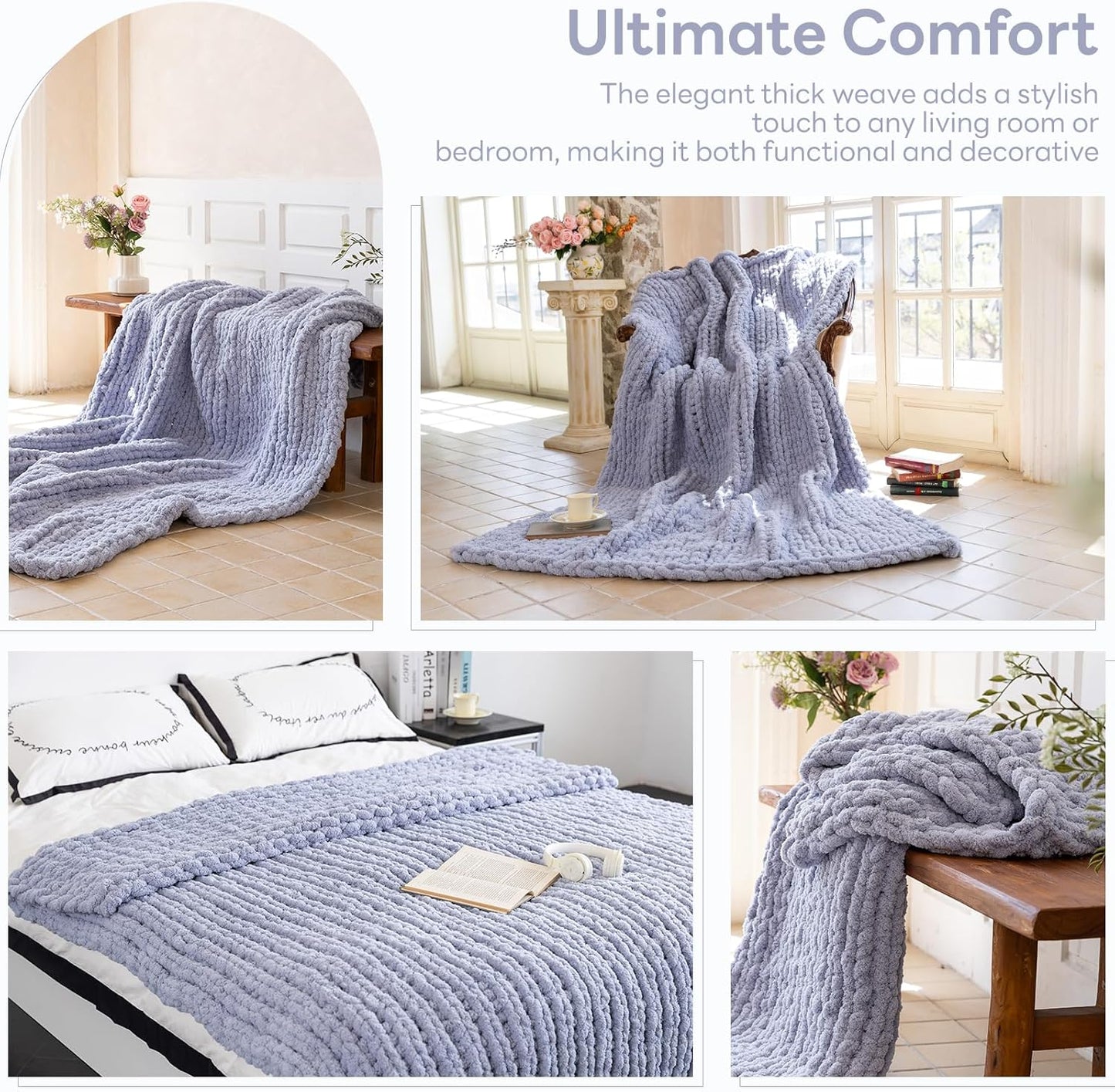 Chunky Knit Blanket - Luxury Soft Cozy 60 * 80 Throw Blanket,100% Woven Blanket Rope Knot Throw Blanket for Couch, Sofa, Home Decor, Gift - Machine Washable（Grey）