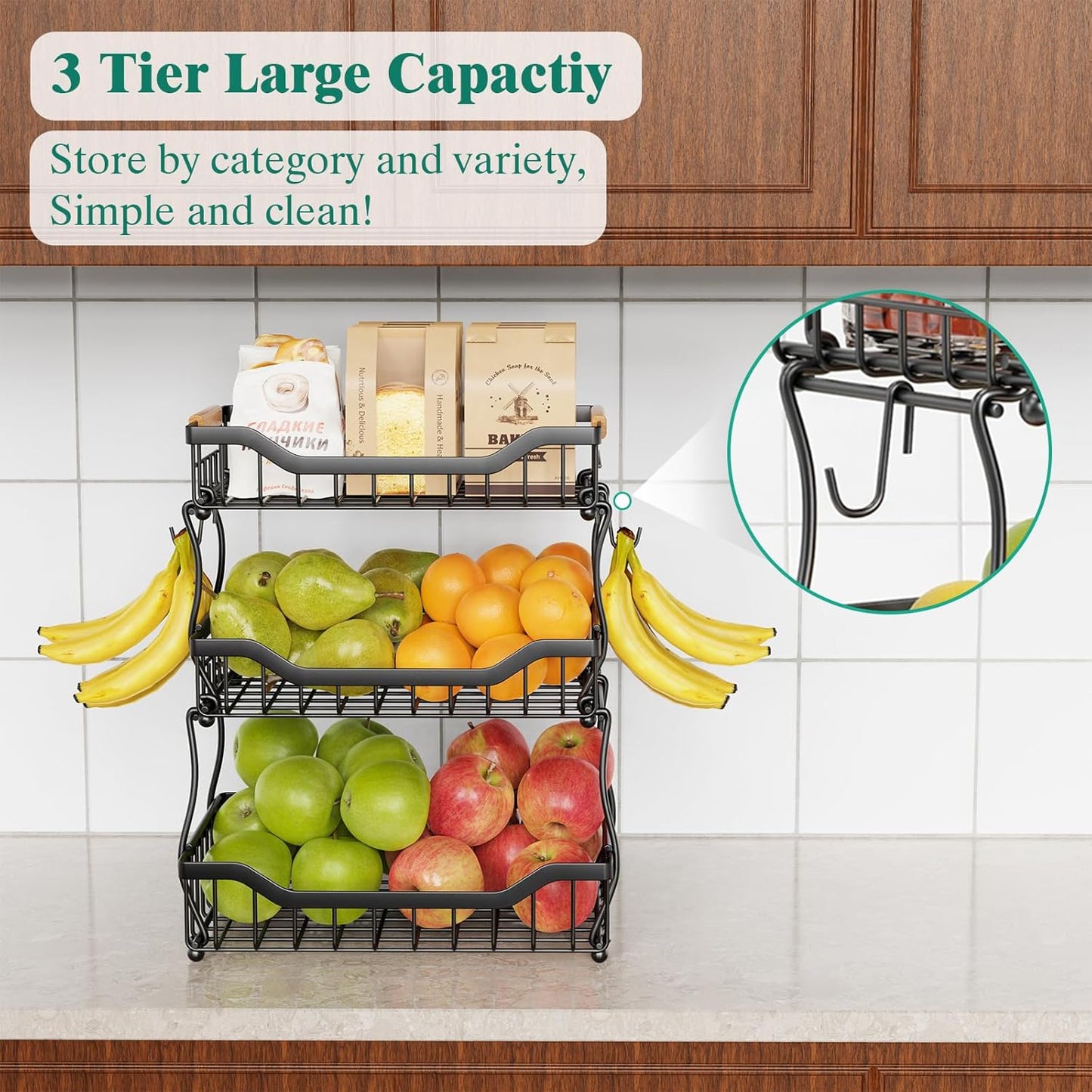 Giwil 3 Tier Countertop Fruit Basket for Kitchen, Vegetable Storage Bread Fruit Bowl Stand with 2 Banana Hooks, Wall Mounted Metal Wire Basket Organizer for Potato Onion, Black