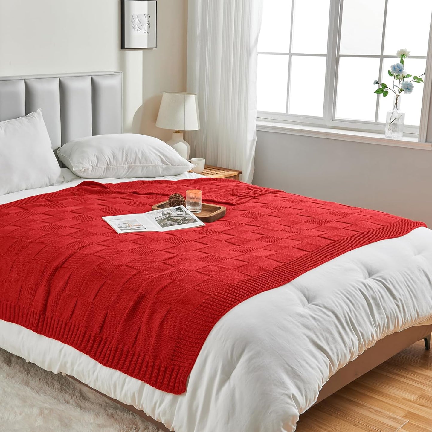 CozeCube Knit Throw Blanket,Christmas Red Checkered Bedroom Blanket for Couch,Soft Cozy Warm Knitted Blanket for Bed Sofa Living Room,Decorative Spring Fall Throw Blanket 60"X80",Christmas Red