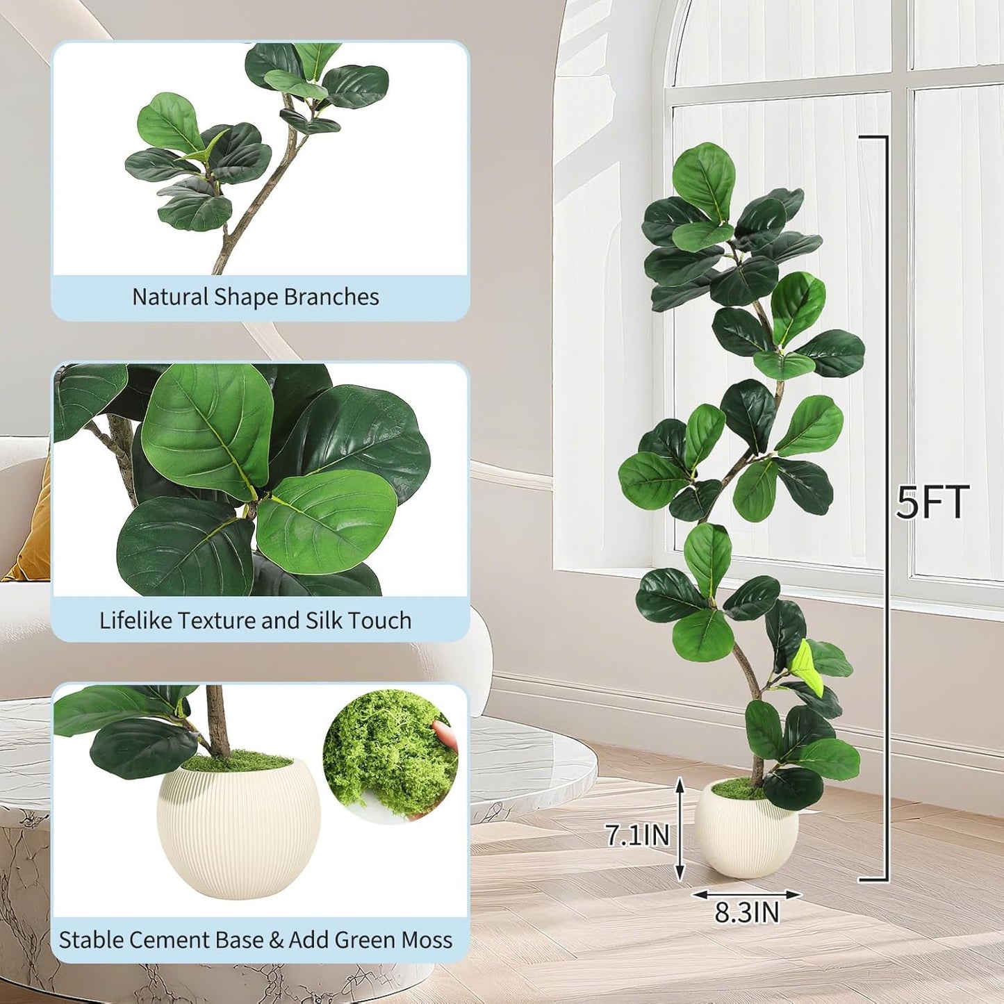 GarveeHome Fiddle Leaf Fig Artificial Tree with White Planter,5ft Faux Plants Indoor with Moss, Fake Rubber Tall Fake Floor Plant in Pot - Artificial Trees for Home Office Living Room Decor