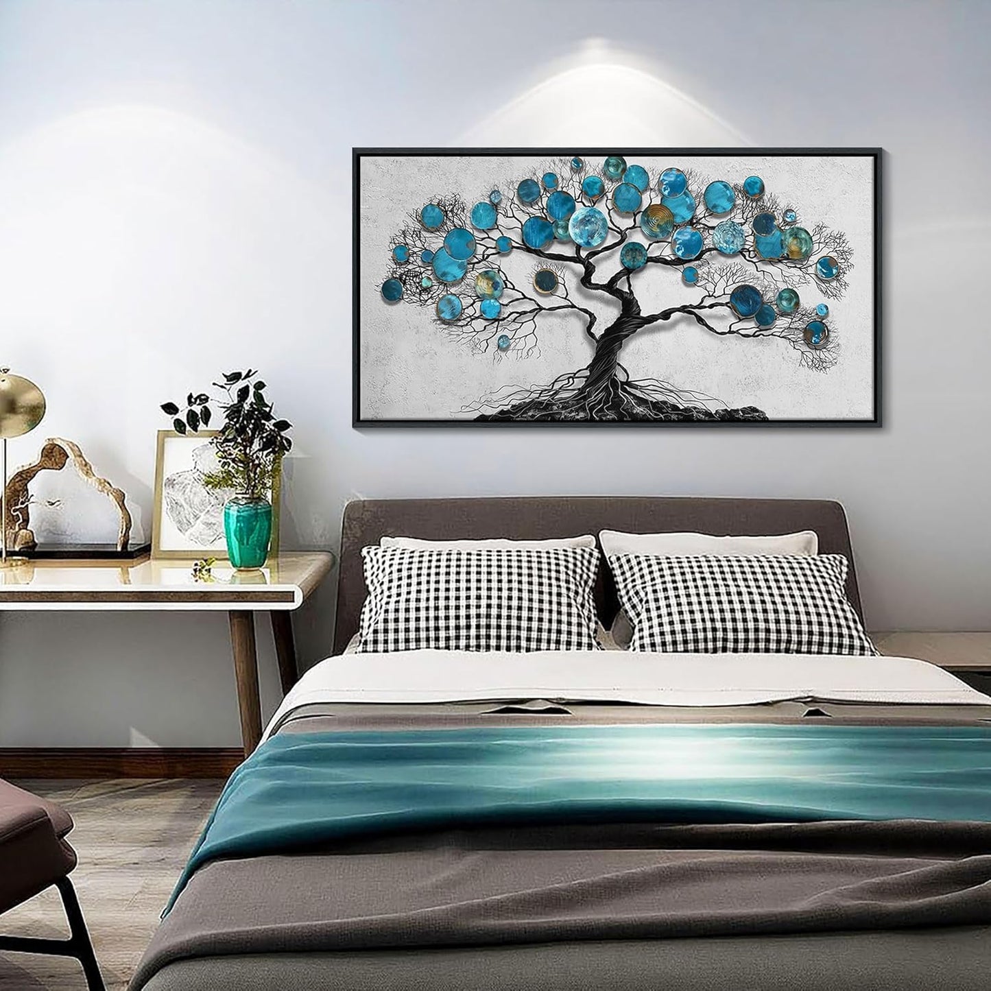 CHATYOUNG Living Room Wall Art - Tenacious Tree of Life Teal Blue Leaves Theme Large Paintings Canvas Framed Wall Picture for Office Bedroom Kitchen Office Home Decor 40"x20"