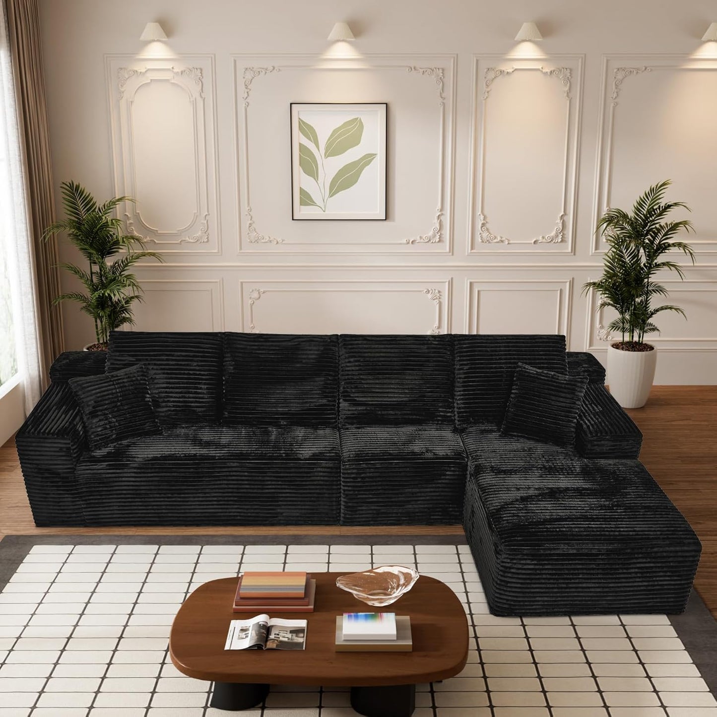 Modular Sectional Sofa Cloud Sectional Couch, 135" Comfy Fluffy L Shaped Black Couches for Living Room, Deep Seat Memory Foam Plush Corduroy Boneless Couch Sectionals with Right Facing Chaise Sofa