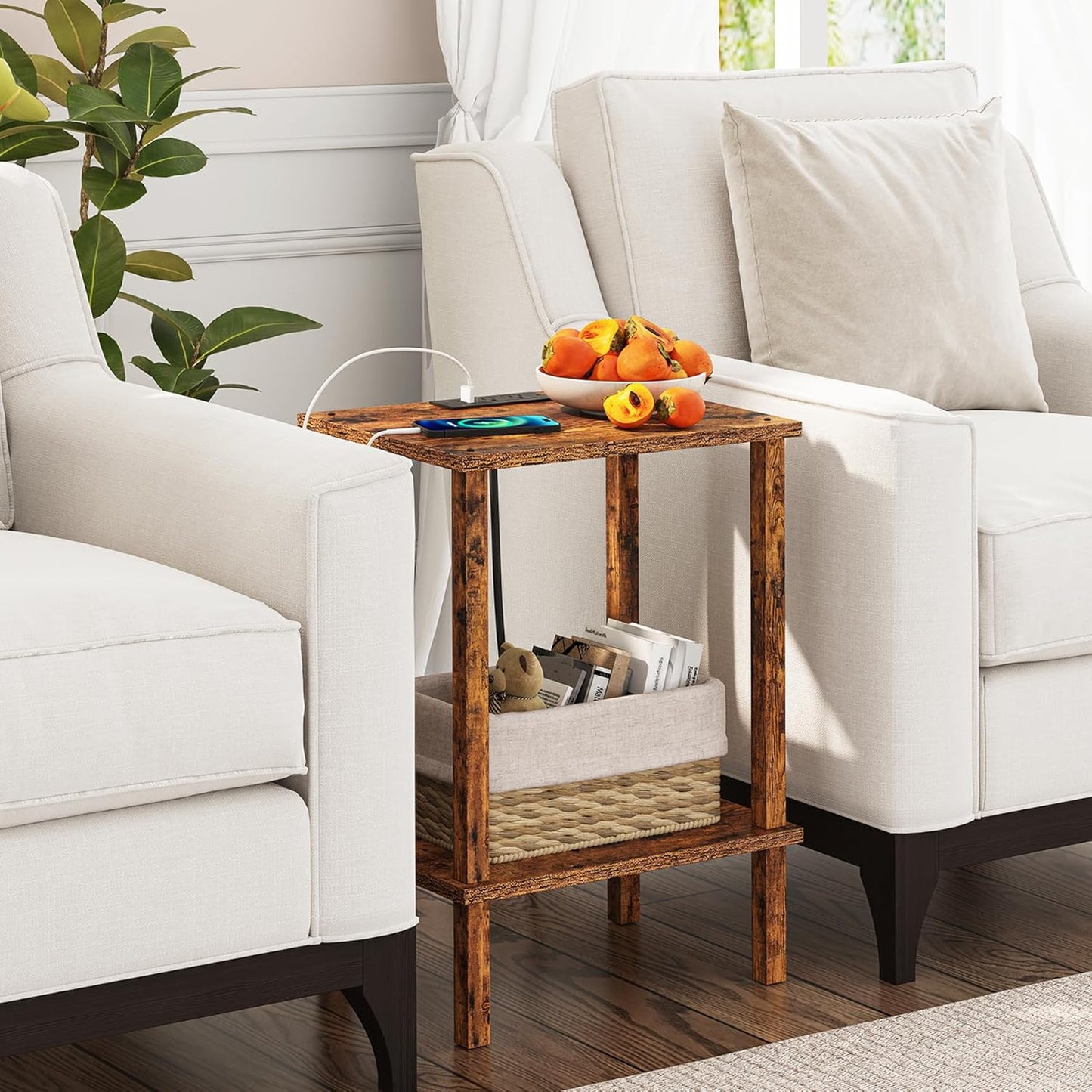 TUTOTAK End Table with Charging Station, Small Side Table with Outlets, Nightstand Bedside Table, 2-Tier Storage Shelf for Small Space, Living Room, Bedroom, Brown TB01BB040C