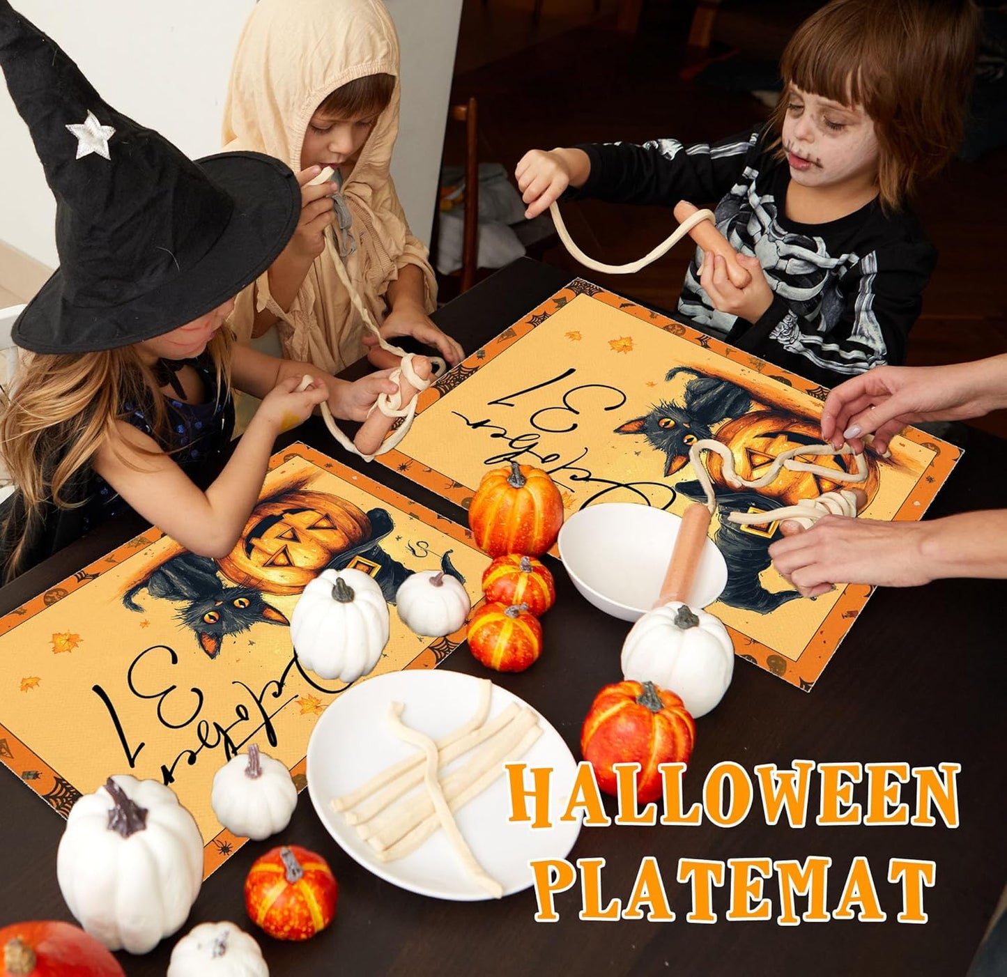Halloween Pumpkin Placemats Set of 4, 12x18 Inch Pumpkin and Black Cat Table Mat, Washable Heat Resistant Place Mats for Kitchen Dining Table, Spooky Themed Decoration for Home-B09