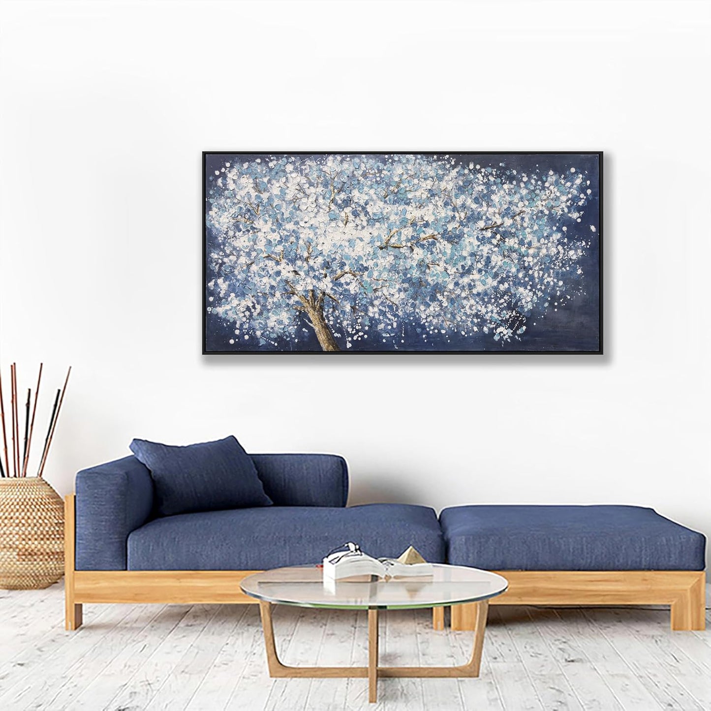 Canvas Wall Art Wall Decor Bedroom Pictures Wall Decoration Dark Blue And White Abstract Tree Plants Artwork Abstract Wall Art Large Size Modern Painting Framed Pictures For Living Room Home Kitchen Office 29"X58"