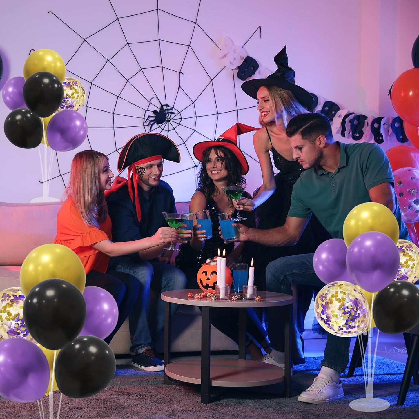 Halloween Decorations Balloon Stand with Purple Black and Gold Balloons Balloon Centerpieces for Birthday Bridal Shower Wedding Retirement Graduation New Years (Purple black gold set4)