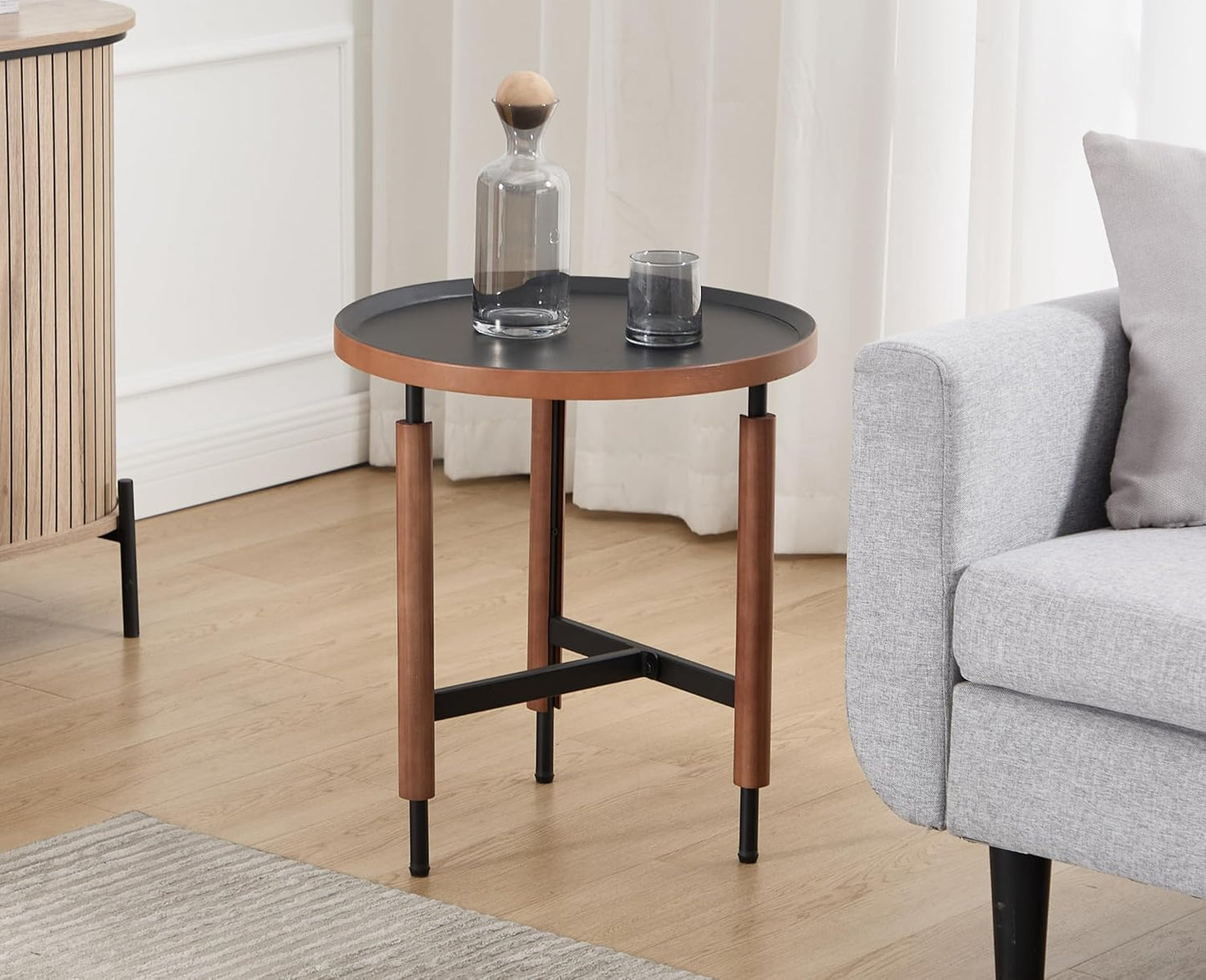 EALSON 19.5" Round Side Table Mid Cnetury Modern End Table for Couch Sofa with Black Metal Legs/Wood Top Vintage Accent Nightstand for Living Room Bedroom Small Spaces Office, Walnut