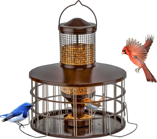 Upgraded Squirrel Proof Bird Feeders, 3Lbs Capacity Caged Bird Feeder, Innovative DIY Starling-Proof, Flexible Adjustment of Grille Size, Caged Seed Tube Feeders Outside Hanging(Copper)