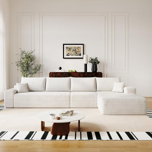 136" Sectional Couches for Living Room Modern Modular Sofa with L-Shape Couchs Upholstered Boneless Couch Deep Seat Sectional Couch with Chaise (White, Right Facing Chaise+3Seaters)